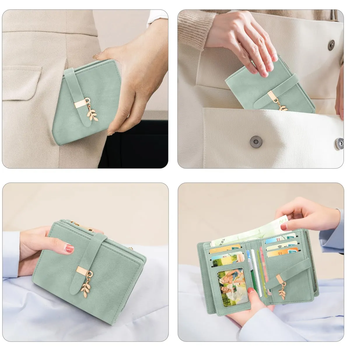 GOUNNU Portafoglio Donna Piccolo Portafogli Pelle PU RFID Blocco Elegante Corto Portamonete per donna con 17 Porta Carta di Credito Cerniera (Verde) - immagine 5