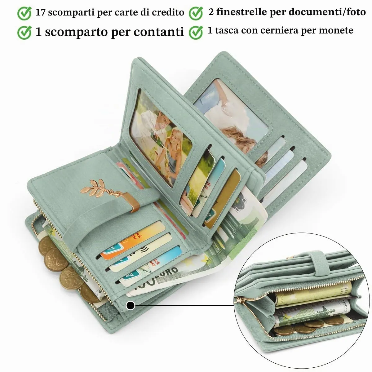 GOUNNU Portafoglio Donna Piccolo Portafogli Pelle PU RFID Blocco Elegante Corto Portamonete per donna con 17 Porta Carta di Credito Cerniera (Verde) - immagine 6