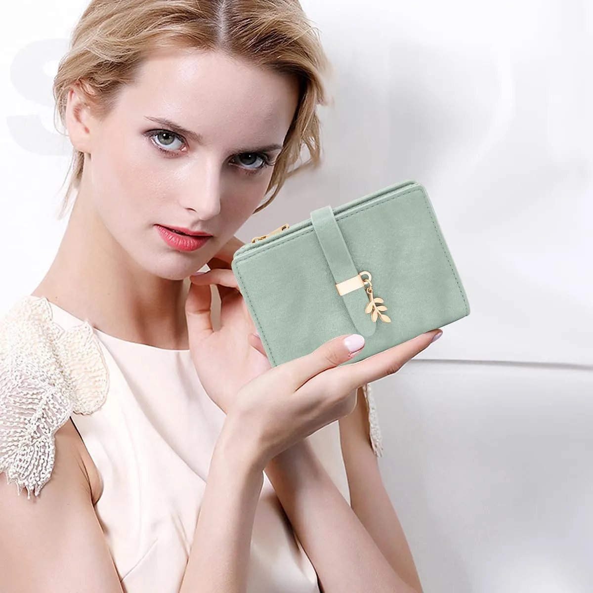 GOUNNU Portafoglio Donna Piccolo Portafogli Pelle PU RFID Blocco Elegante Corto Portamonete per donna con 17 Porta Carta di Credito Cerniera (Verde) - immagine 7