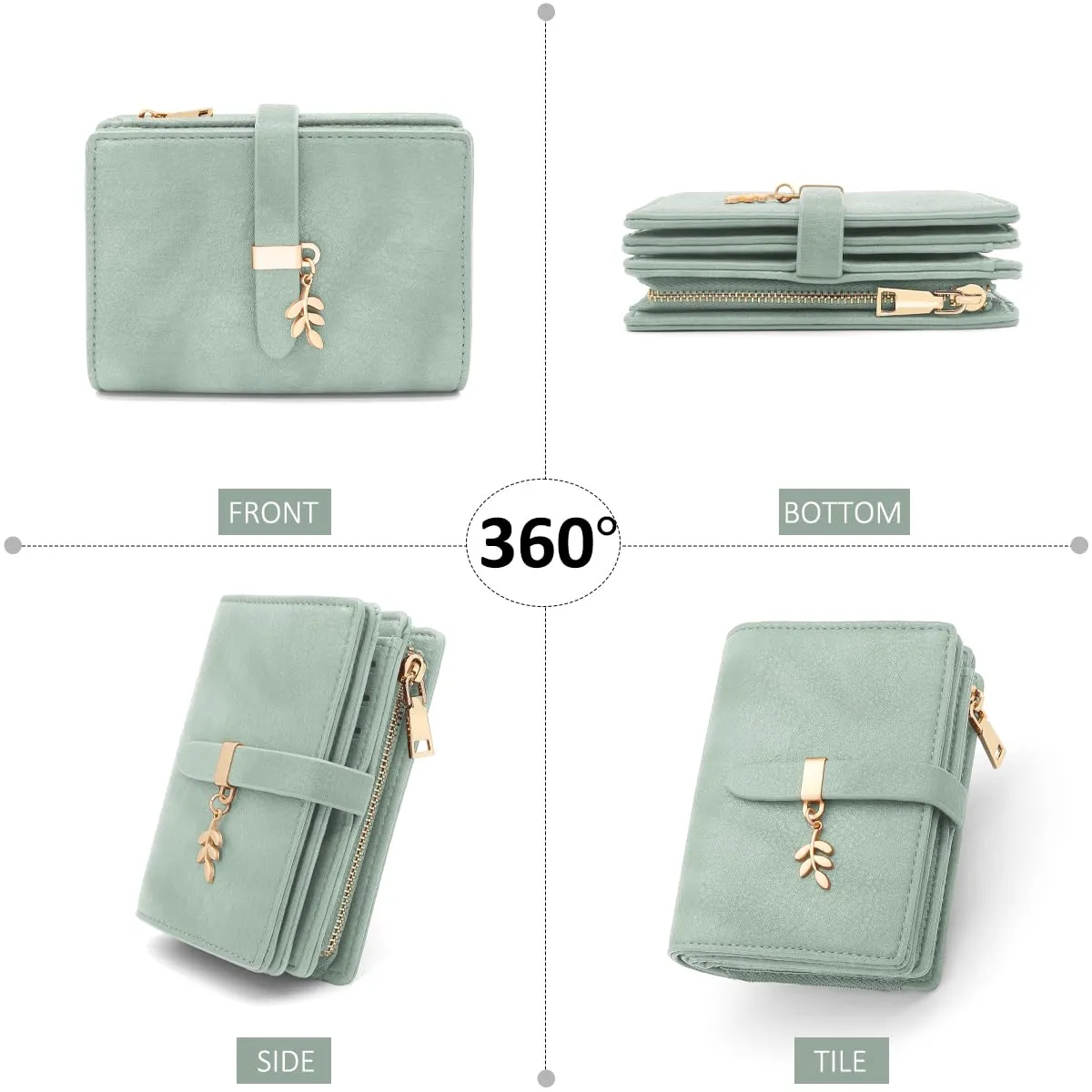 GOUNNU Portafoglio Donna Piccolo Portafogli Pelle PU RFID Blocco Elegante Corto Portamonete per donna con 17 Porta Carta di Credito Cerniera (Verde) - immagine 8