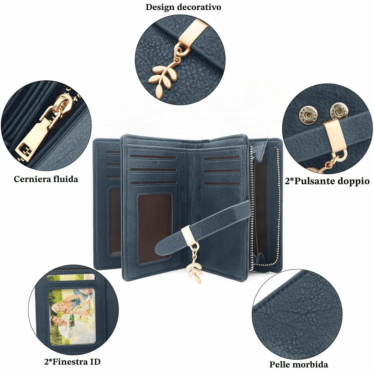 GOUNNU Portafoglio Donna Piccolo Portafogli Pelle PU RFID Blocco Elegante Corto Portamonete per donna con 17 Porta Carta di Credito Cerniera (Blu) - immagine 2