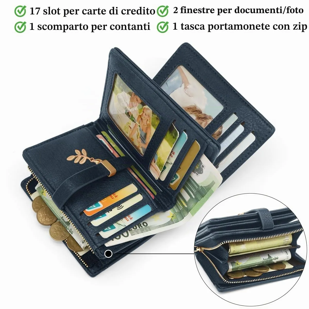 GOUNNU Portafoglio Donna Piccolo Portafogli Pelle PU RFID Blocco Elegante Corto Portamonete per donna con 17 Porta Carta di Credito Cerniera (Blu) - immagine 6