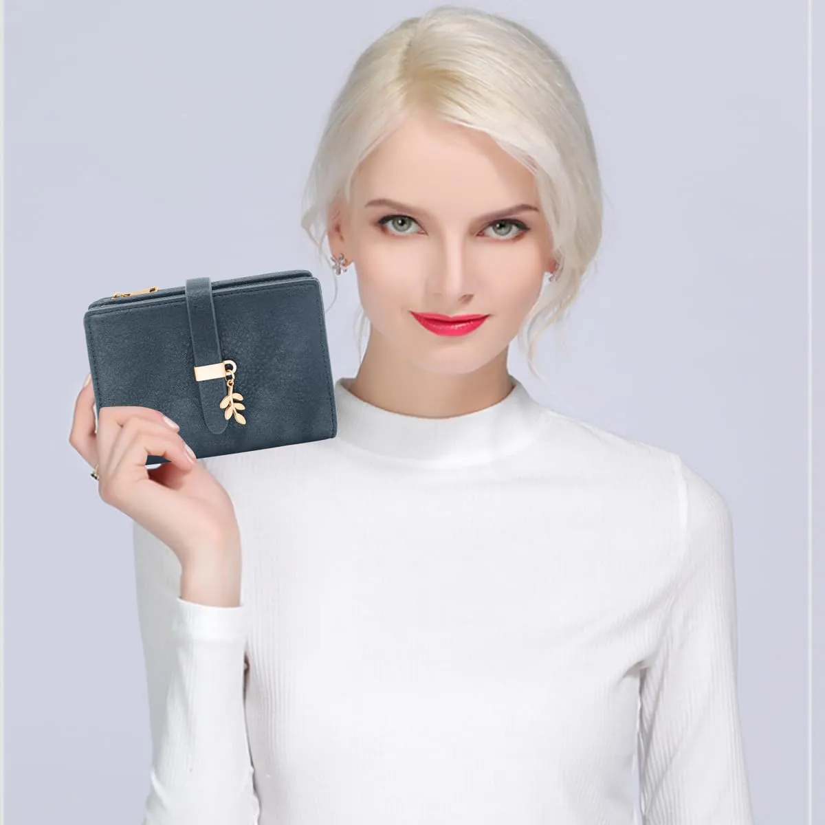 GOUNNU Portafoglio Donna Piccolo Portafogli Pelle PU RFID Blocco Elegante Corto Portamonete per donna con 17 Porta Carta di Credito Cerniera (Blu) - immagine 7