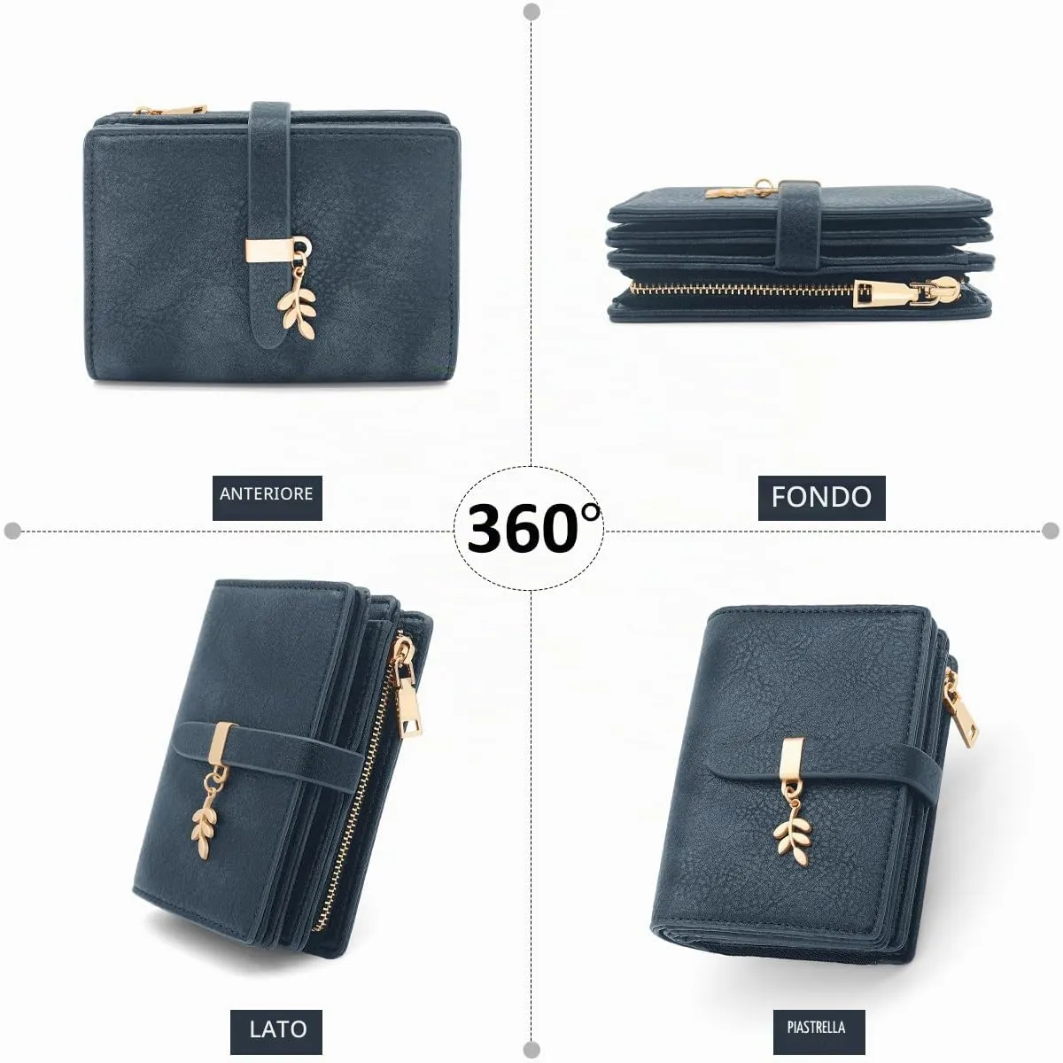 GOUNNU Portafoglio Donna Piccolo Portafogli Pelle PU RFID Blocco Elegante Corto Portamonete per donna con 17 Porta Carta di Credito Cerniera (Blu) - immagine 8
