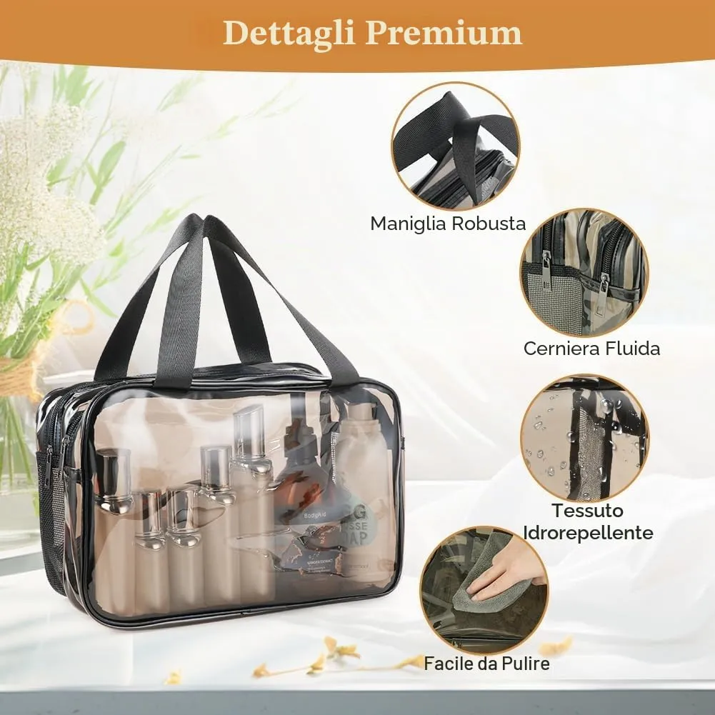 Aucuu Borse Da Toilette Trasparente, Beauty Case Trasparente, PVC Trousse da Viaggio, Borsa Cosmetici con separazione tra asciutto e bagnato, Cosmetici Trucco Portatile per Piscina, Viaggio - immagine 3