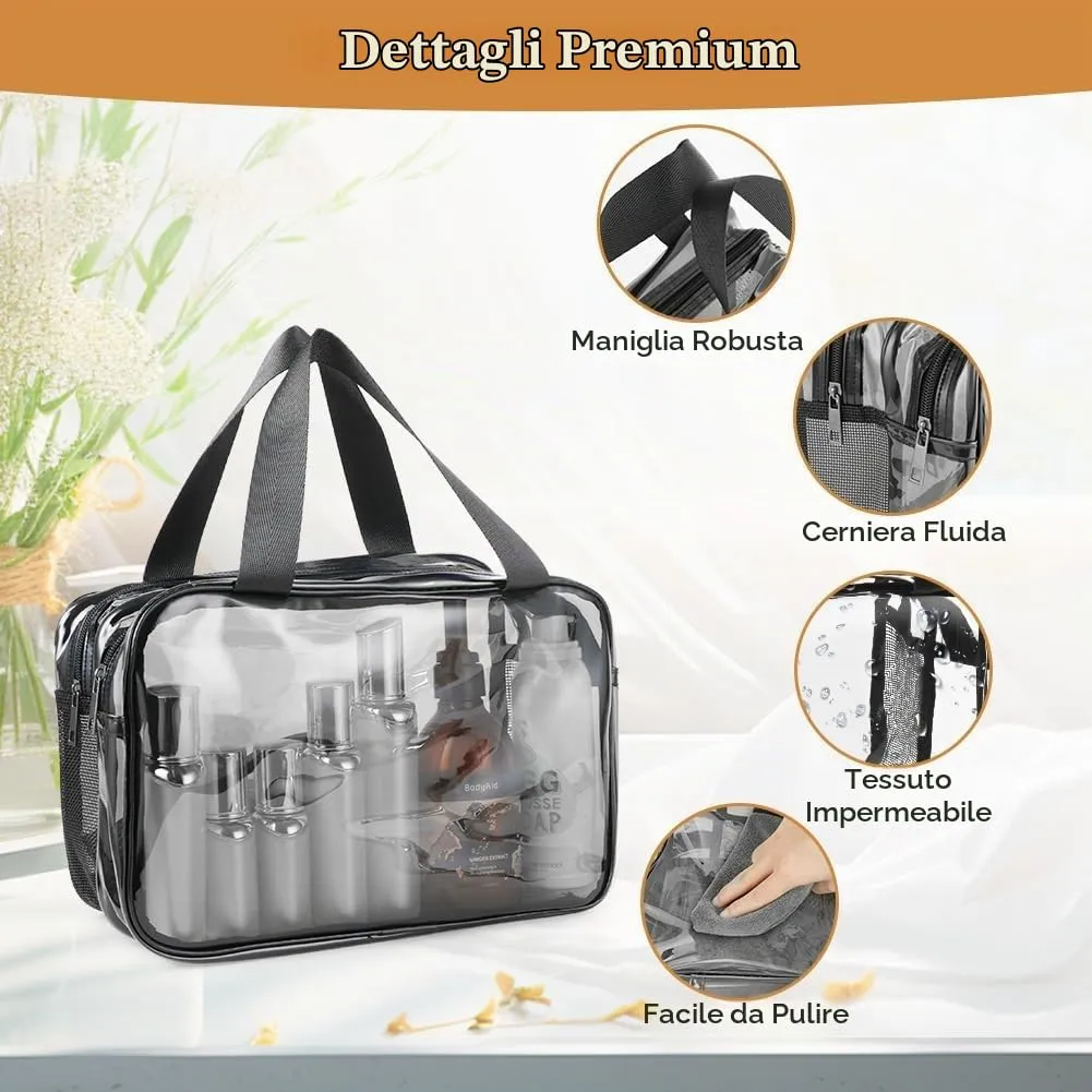 Aucuu Borse Da Toilette Trasparente, Beauty Case Trasparente, PVC Trousse da Viaggio, Borsa Cosmetici con separazione tra asciutto e bagnato, Cosmetici Trucco Portatile per Piscina, Viaggio - immagine 3