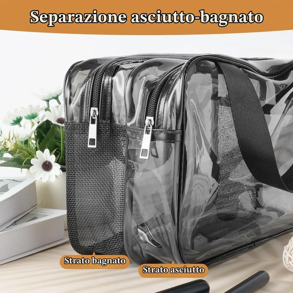 Aucuu Borse Da Toilette Trasparente, Beauty Case Trasparente, PVC Trousse da Viaggio, Borsa Cosmetici con separazione tra asciutto e bagnato, Cosmetici Trucco Portatile per Piscina, Viaggio - immagine 4