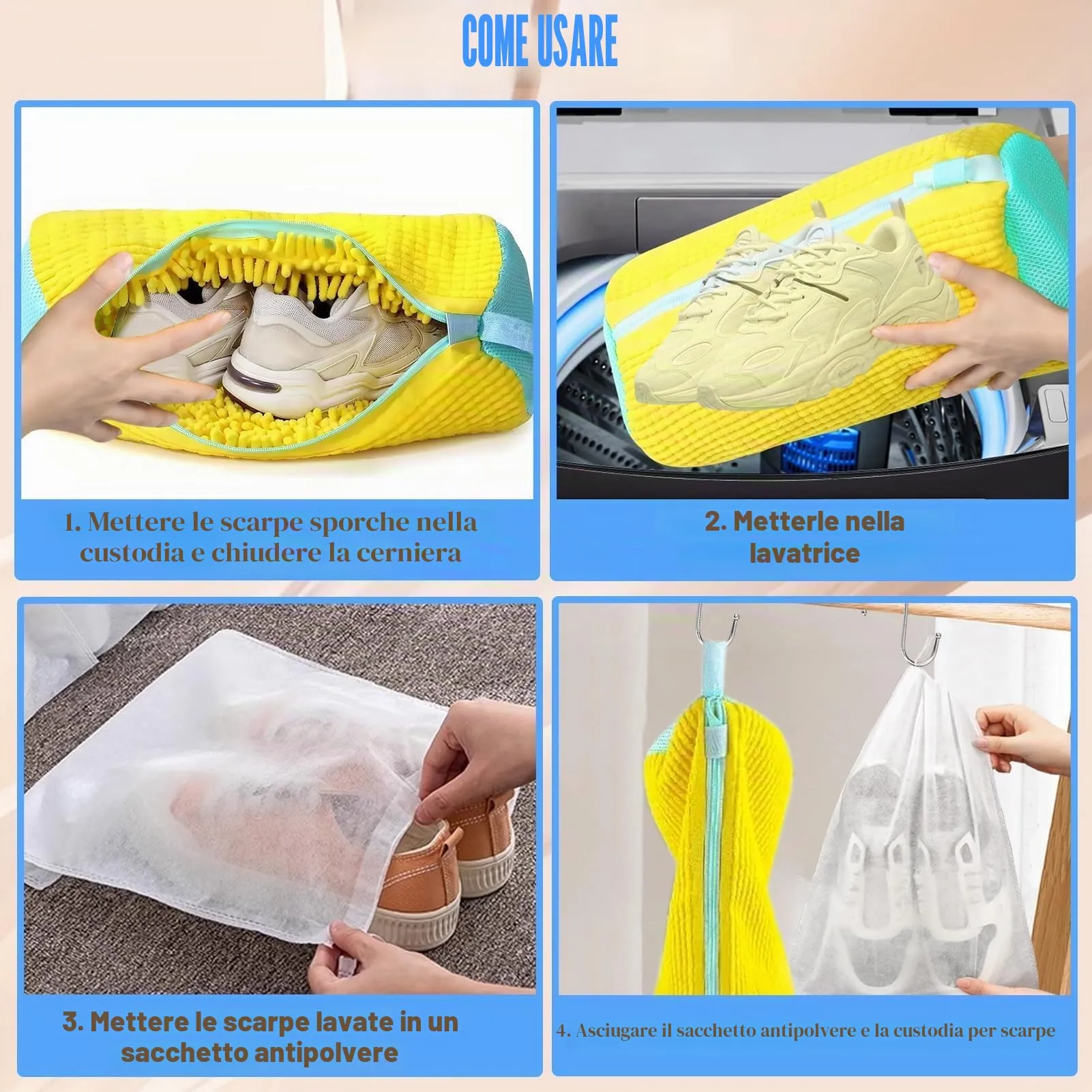 2 Pezzi Sacchetto per Lavare Scarpe in Lavatrice, con Sacchetti per ScarPe e Gancio, Sacco Lavatrice SCarpe in Ciniglia, ScArpe Borse per Bucato con Cernierazip, Proteggi Scarpe e LavatrIce - immagine 3