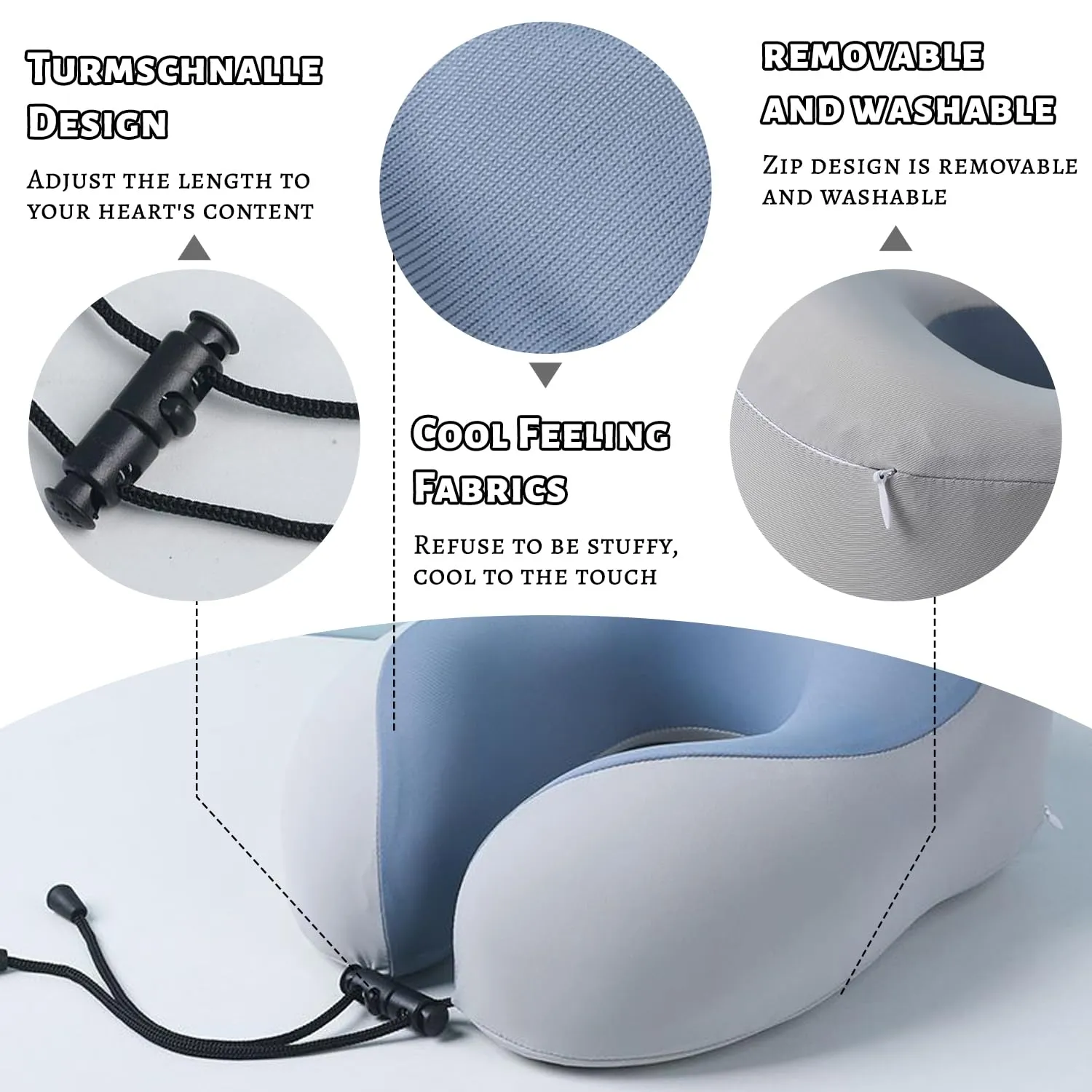 Cuscino cervicale da viaggio, fibbia regolabile, compatto e facile da riporre, cuscino double face, cuscino da viaggio a forma di U, facile da trasportare, adatto per viaggi in aereo, campeggio, ecc - immagine 5