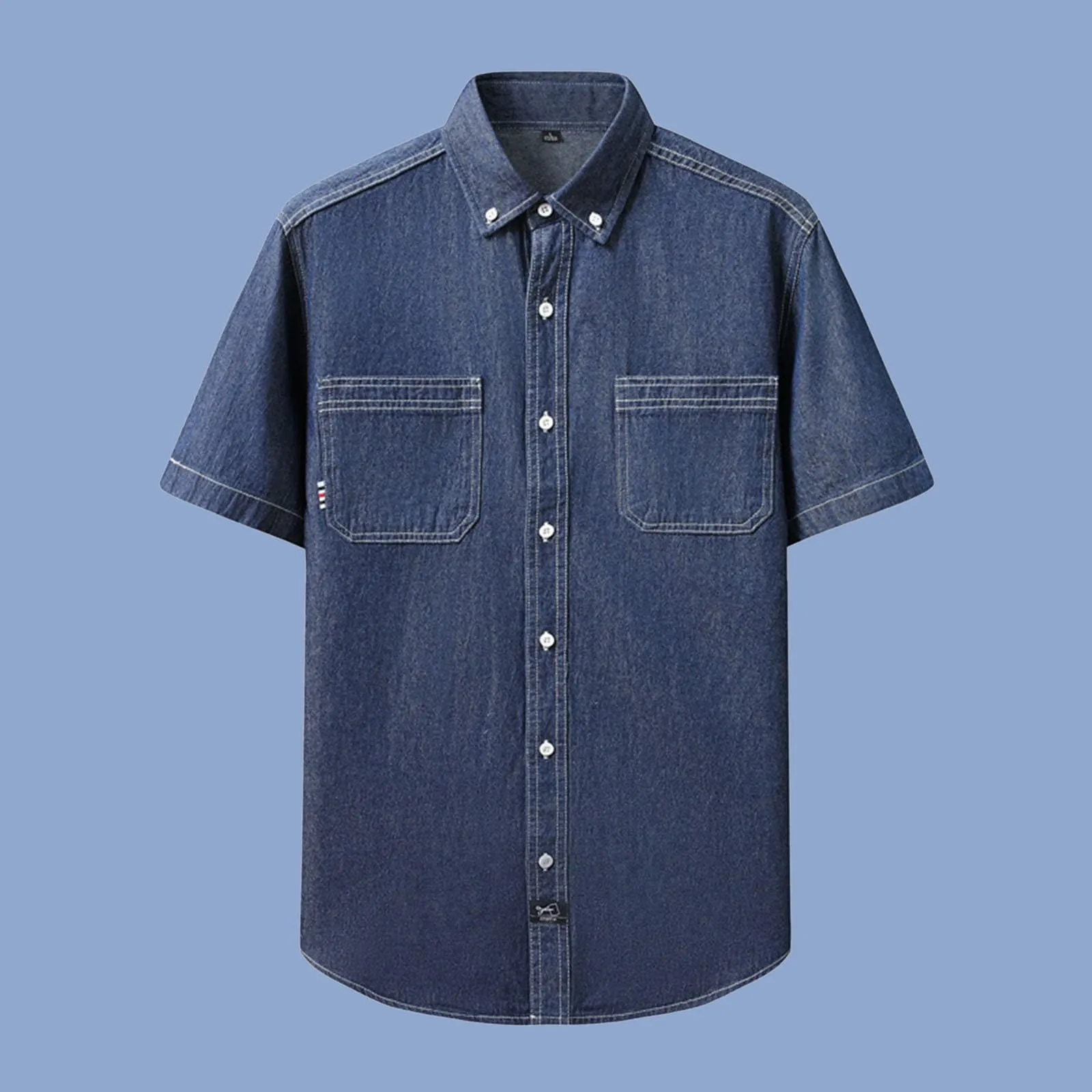 Duohropke Jeans da uomo, a maniche corte, estiva, in denim, a maniche corte, con bottoni a pressione, per uomo, blu chiaro, grigio scuro, vestibilità normale, look usato, camicia a maniche corte, Blu - immagine 2