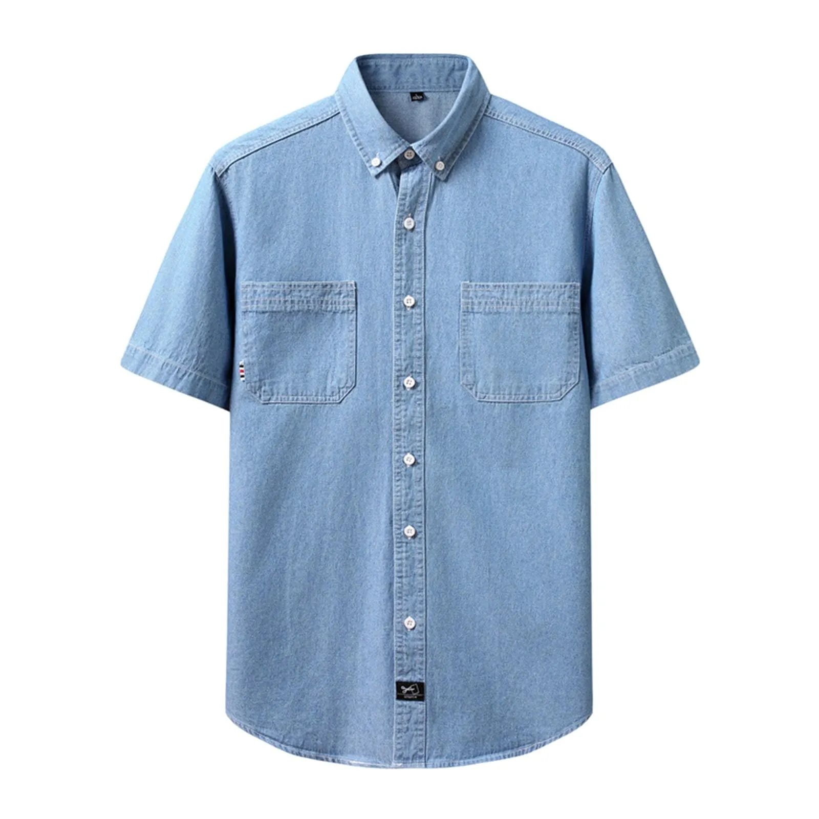 Duohropke Camicia in jeans da uomo a maniche corte, camicia estiva in denim, camicia a maniche corte con bottoni a pressione, camicie jeans per uomo, blu chiaro, grigio scuro, vestibilità regolare - immagine 1
