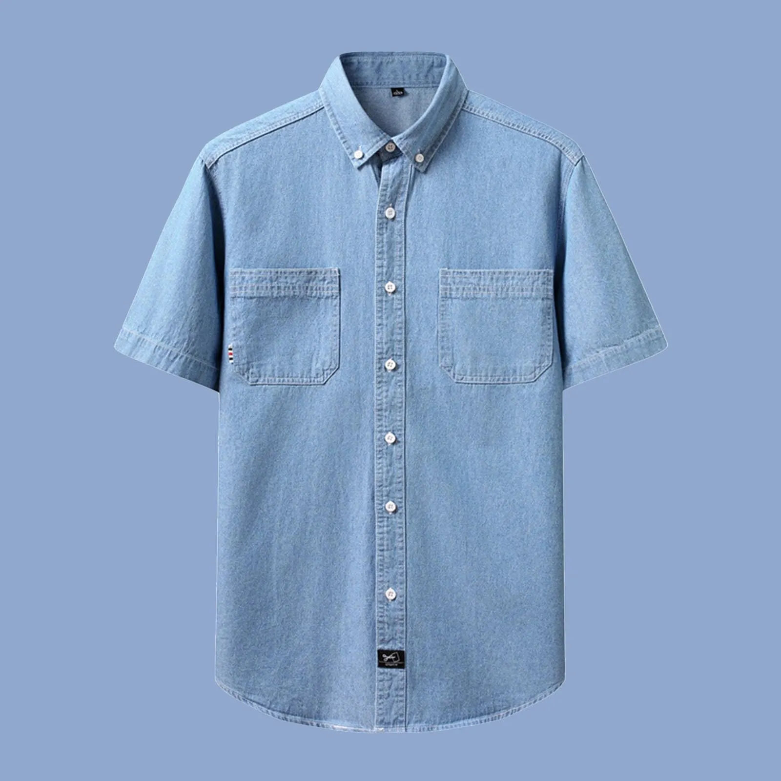 Duohropke Camicia in jeans da uomo a maniche corte, camicia estiva in denim, camicia a maniche corte con bottoni a pressione, camicie jeans per uomo, blu chiaro, grigio scuro, vestibilità regolare - immagine 2