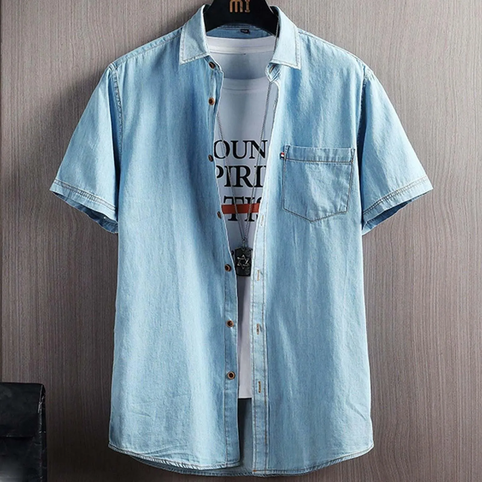 Duohropke Jeans da uomo, a maniche corte, estiva, in denim, a maniche corte, con bottoni a pressione, per uomo, blu chiaro, grigio scuro, vestibilità normale, look usato, camicia a maniche corte, 01 - immagine 2