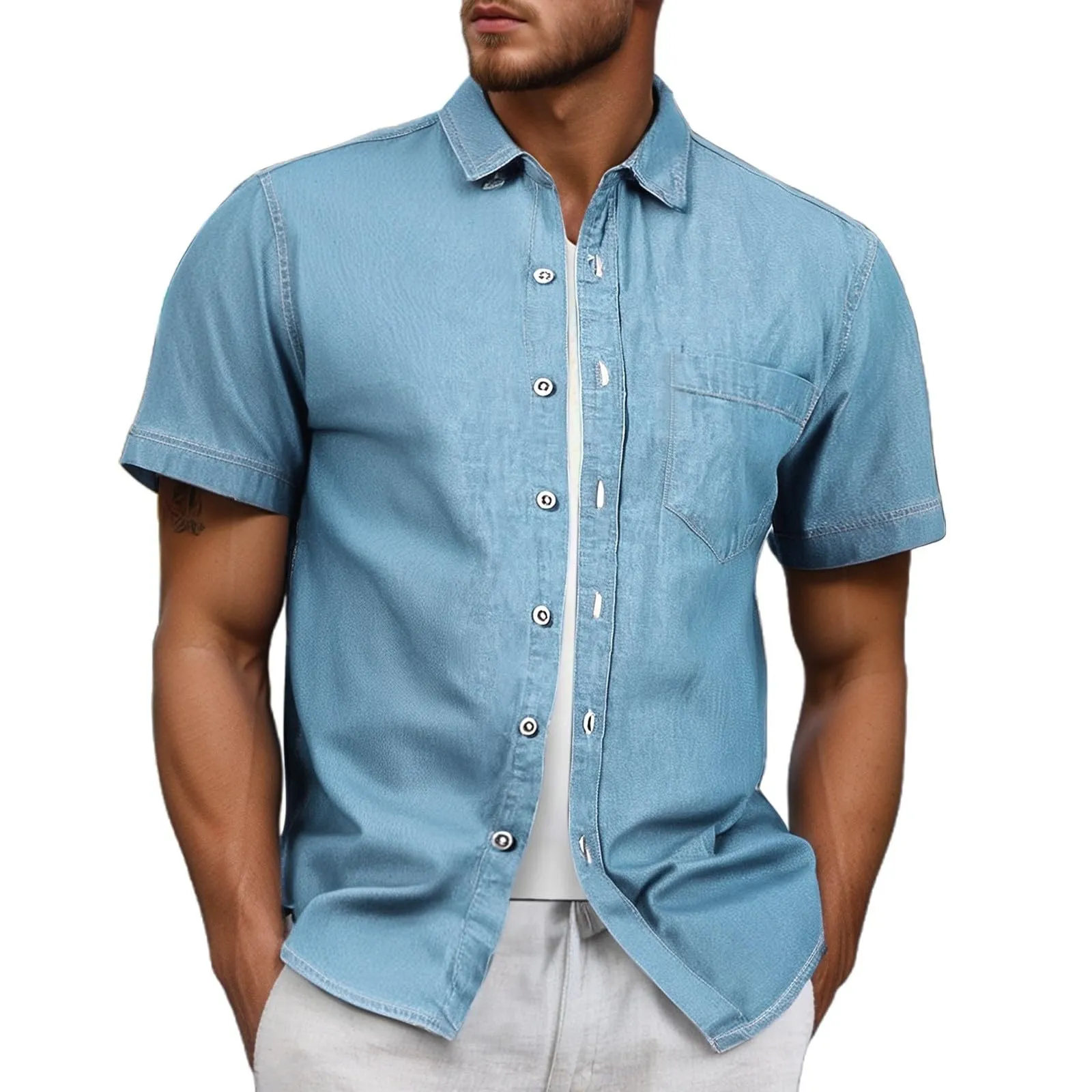 Duohropke Jeans da uomo, a maniche corte, estiva, in denim, a maniche corte, con bottoni a pressione, per uomo, blu chiaro, grigio scuro, vestibilità normale, look usato, camicia a maniche corte, 01 - immagine 5