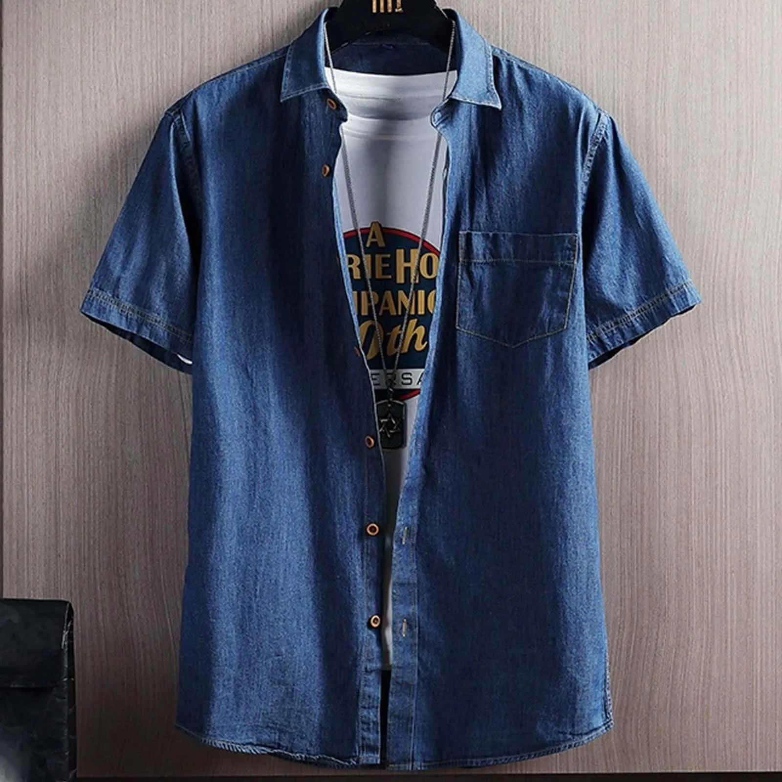 Duohropke Camicia in Jeans da Uomo a Maniche Corte, Camicia in Denim a Maniche Corte con Bottoni a Pressione, Camicie Jeans per Uomini, Blu Chiaro, Grigio Scuro, Vestibilità Regular, Look Usurato - immagine 3