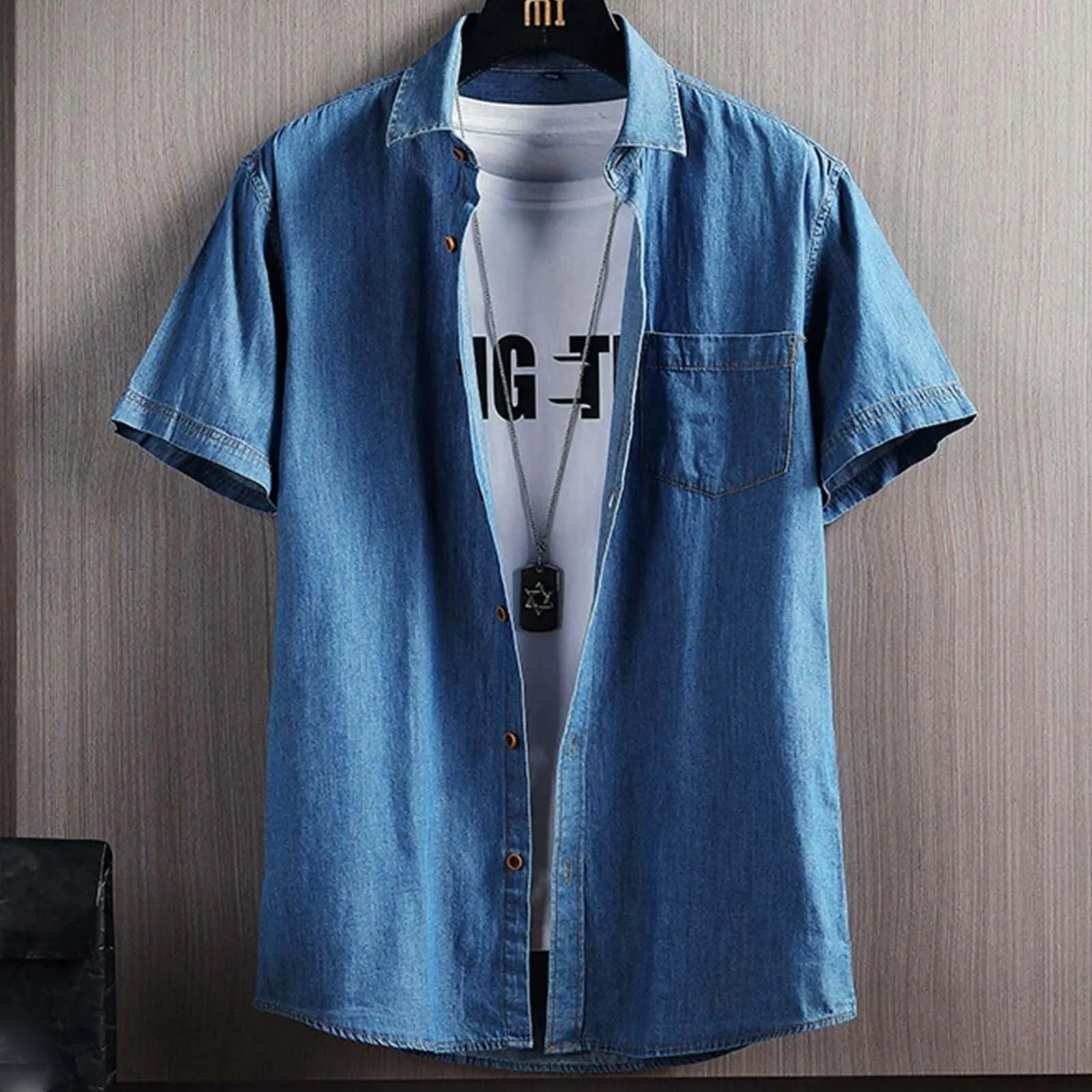 Duohropke Camicia in Jeans da Uomo a Maniche Corte, Camicia in Denim a Maniche Corte con Bottoni a Pressione, Camicie Jeans per Uomini, Blu Chiaro, Grigio Scuro, Vestibilità Regular, Look Usurato - immagine 2