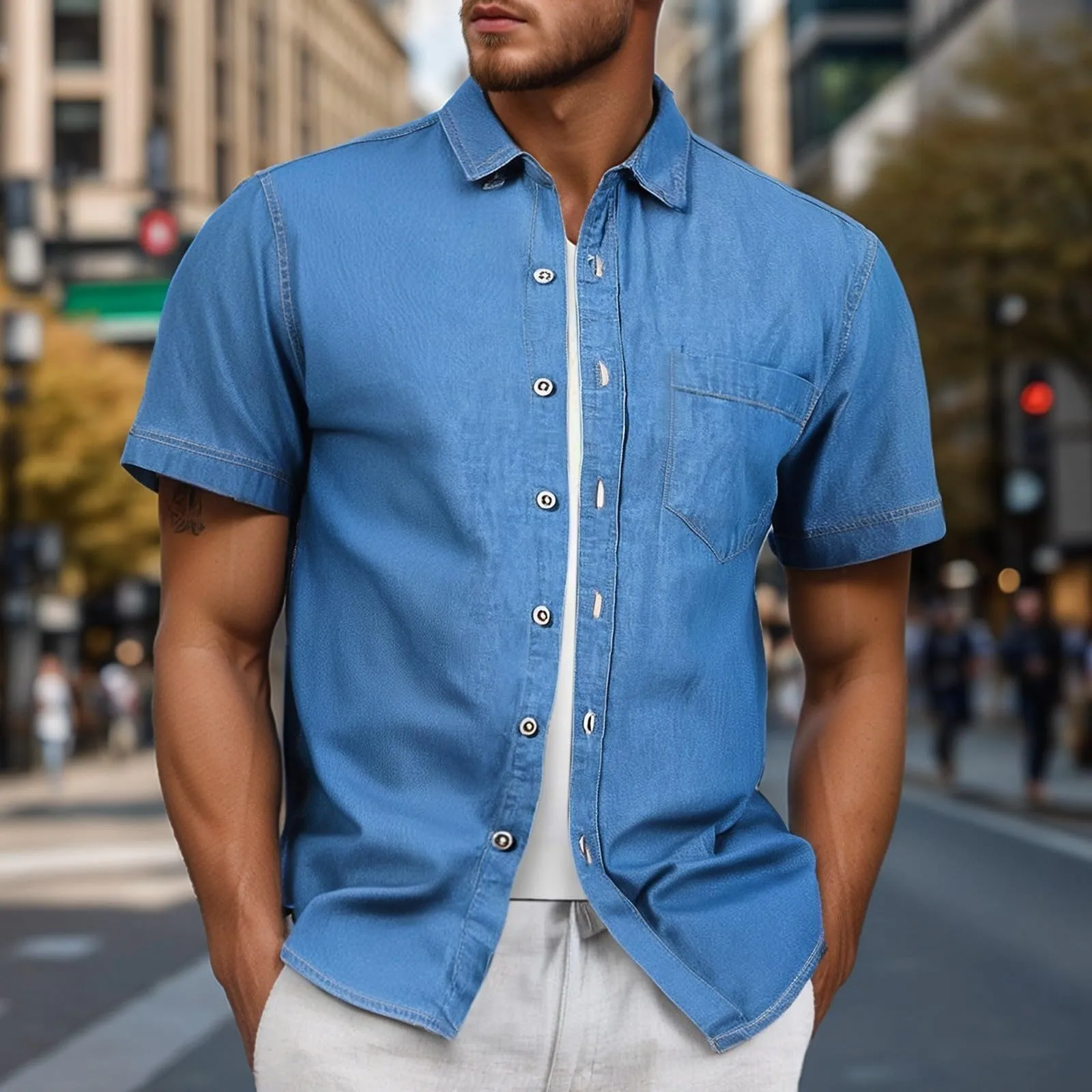Duohropke Camicia in Jeans da Uomo a Maniche Corte, Camicia in Denim a Maniche Corte con Bottoni a Pressione, Camicie Jeans per Uomini, Blu Chiaro, Grigio Scuro, Vestibilità Regular, Look Usurato - immagine 3