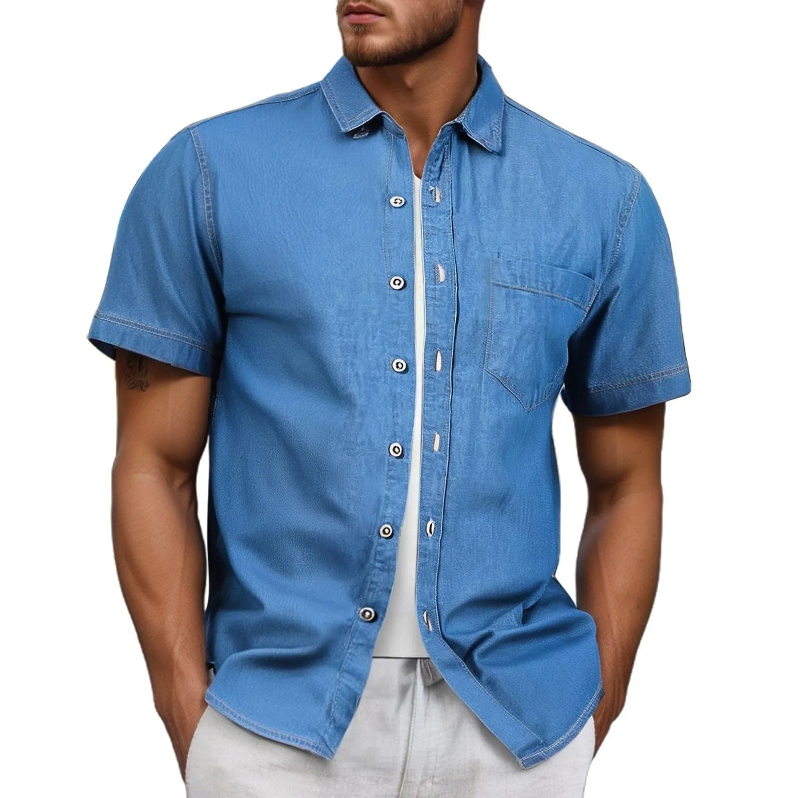 Duohropke Camicia in Jeans da Uomo a Maniche Corte, Camicia in Denim a Maniche Corte con Bottoni a Pressione, Camicie Jeans per Uomini, Blu Chiaro, Grigio Scuro, Vestibilità Regular, Look Usurato - immagine 5