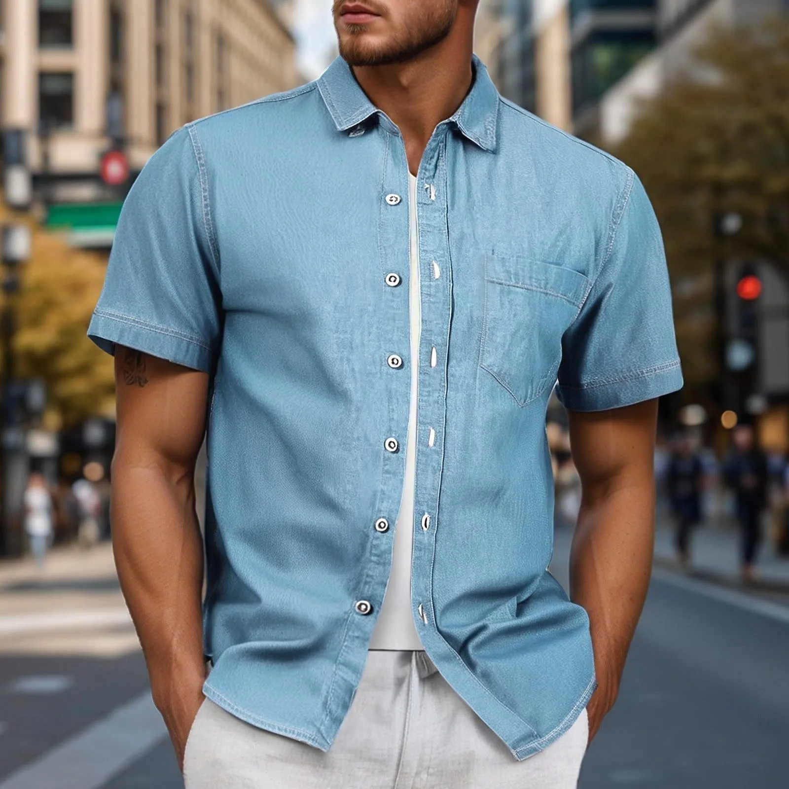 Duohropke Jeans da uomo, a maniche corte, estiva, in denim, a maniche corte, con bottoni a pressione, per uomo, blu chiaro, grigio scuro, vestibilità normale, look usato, camicia a maniche corte, 01 - immagine 3