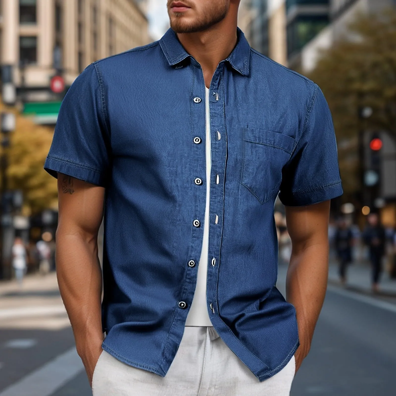 Duohropke Jeans da uomo, a maniche corte, estiva, in denim, a maniche corte, con bottoni a pressione, per uomo, blu chiaro, grigio scuro, vestibilità normale, look usato, camicia a maniche corte, 01 - immagine 2