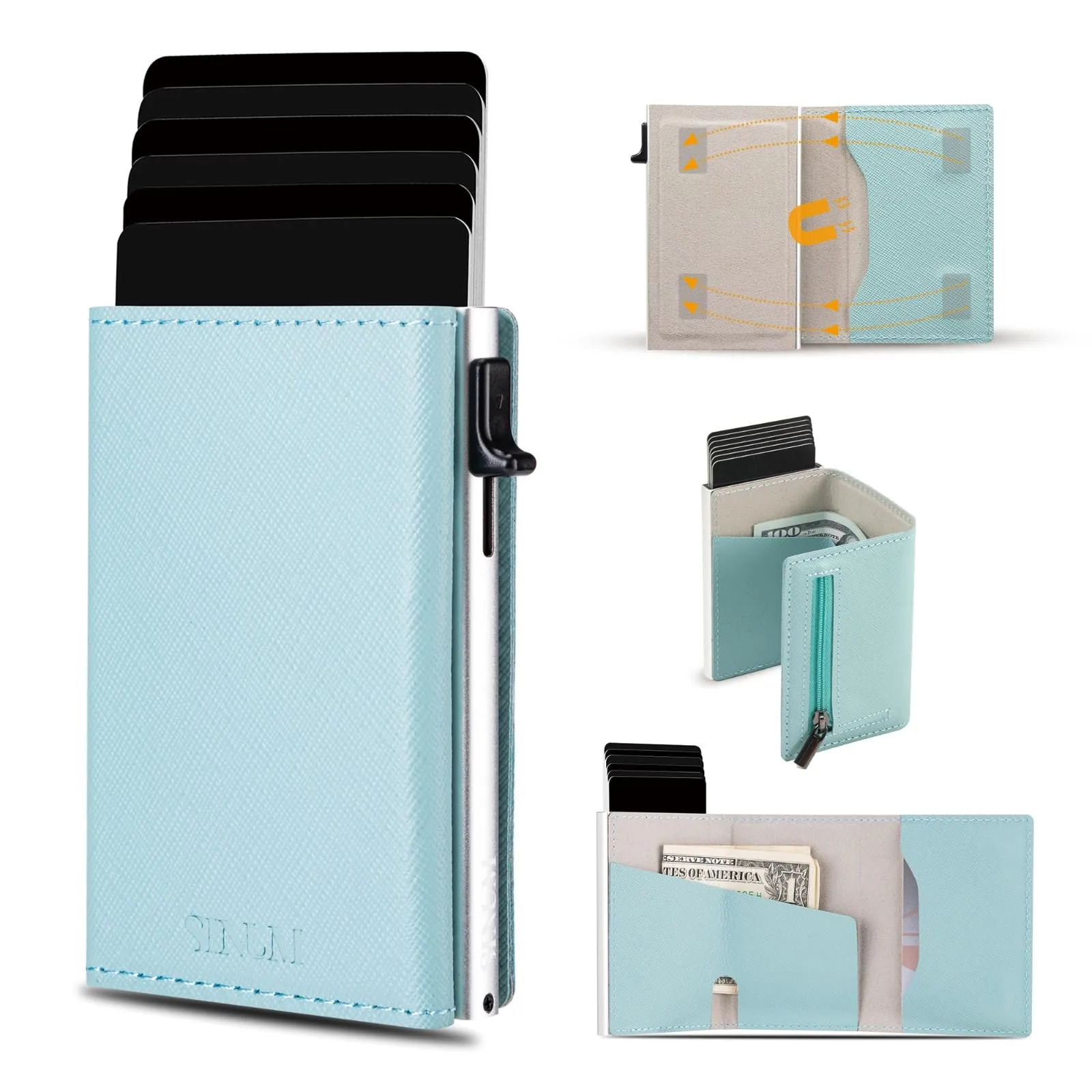 SINUM Portafoglio Saffiano - Chiusura Magnetica - Porta Carte Di Credito con Portamonete - Protezione RFID Anticlonazione - Brand Italiano (Saffiano, Azzurro) - immagine 2