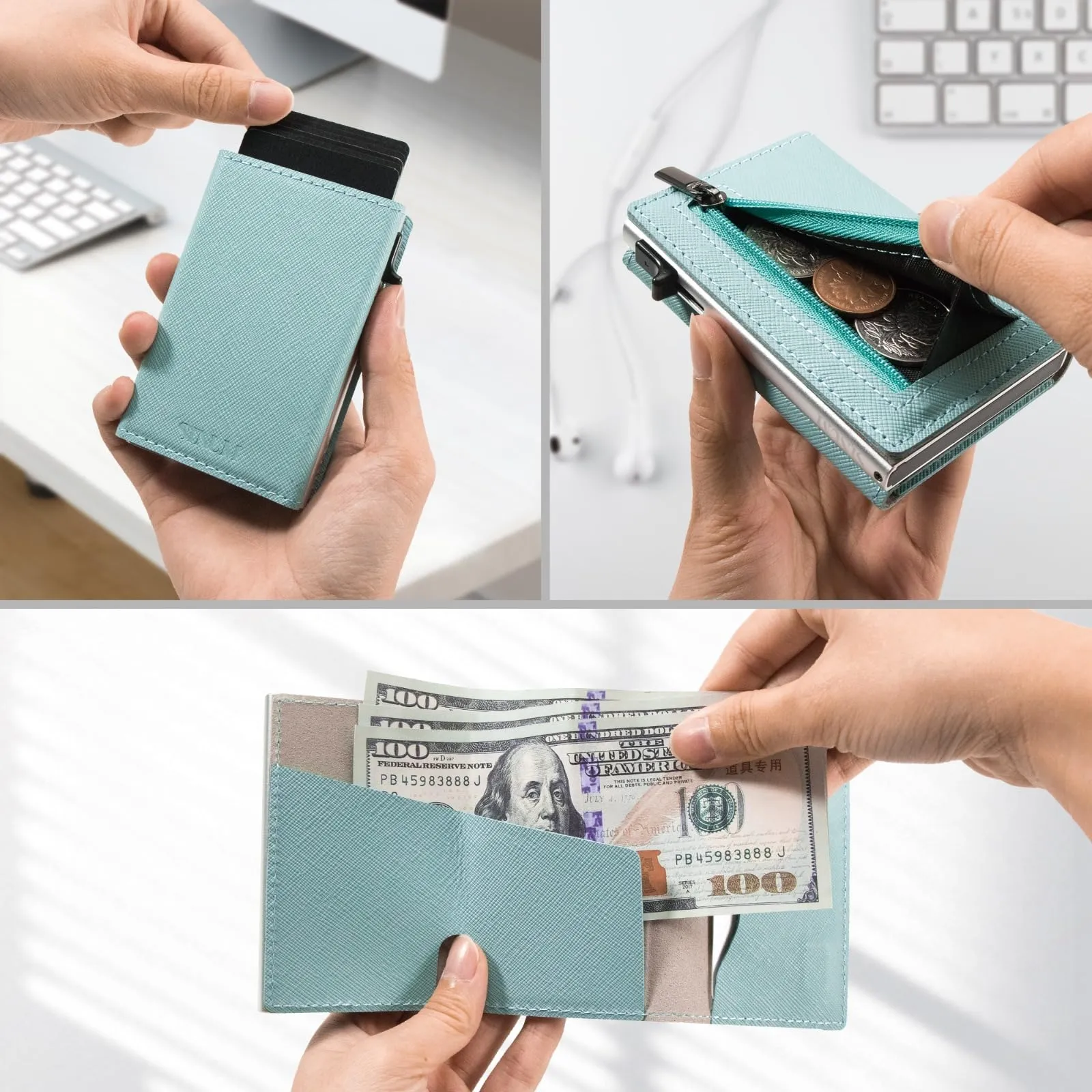 SINUM Portafoglio Saffiano - Chiusura Magnetica - Porta Carte Di Credito con Portamonete - Protezione RFID Anticlonazione - Brand Italiano (Saffiano, Azzurro) - immagine 3
