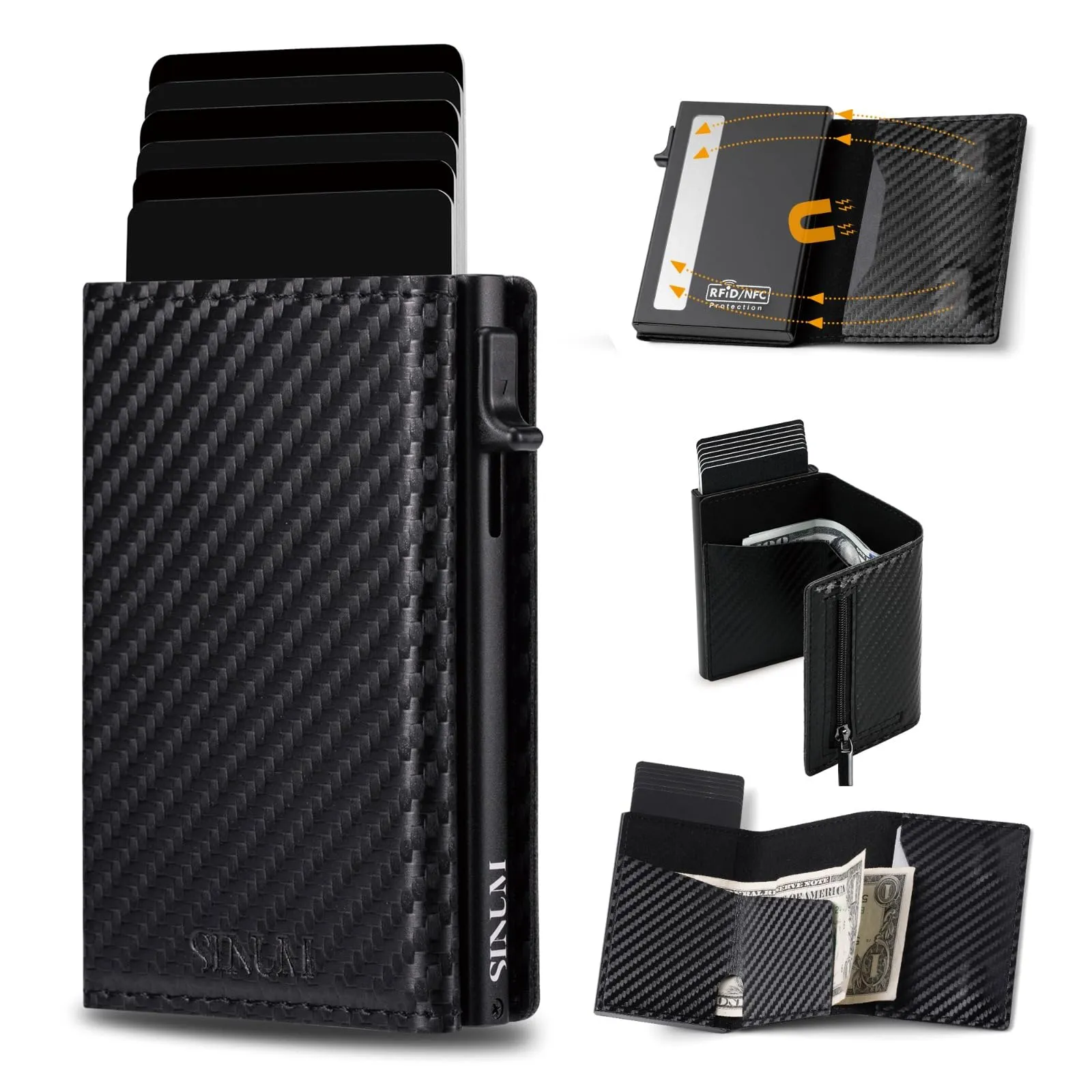 SINUM Portafoglio Carbon - Chiusura Magnetica - Porta Carte Di Credito con Portamonete - Protezione RFID Anticlonazione - Brand Italiano (Carbon, Nero) - immagine 2