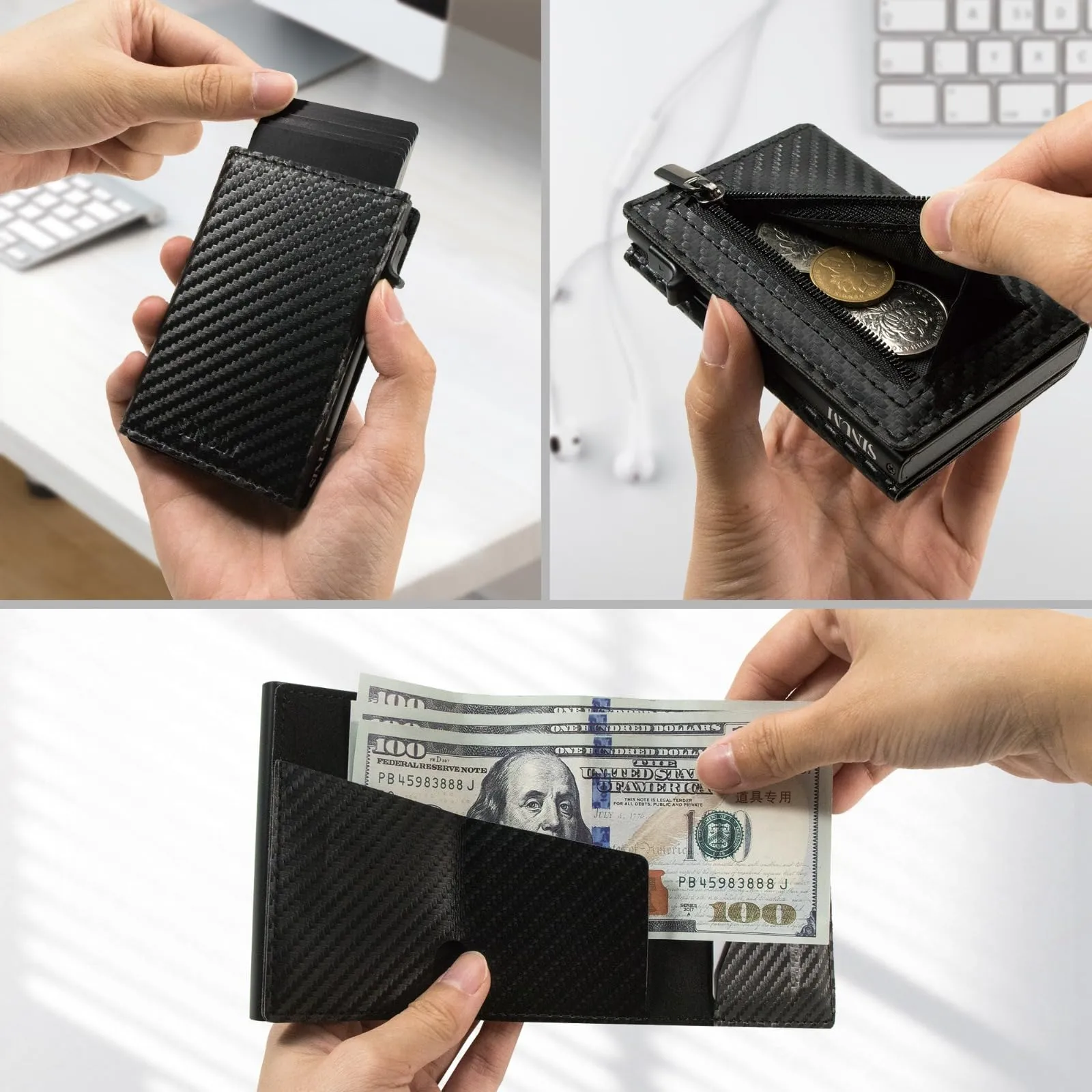 SINUM Portafoglio Carbon - Chiusura Magnetica - Porta Carte Di Credito con Portamonete - Protezione RFID Anticlonazione - Brand Italiano (Carbon, Nero) - immagine 3