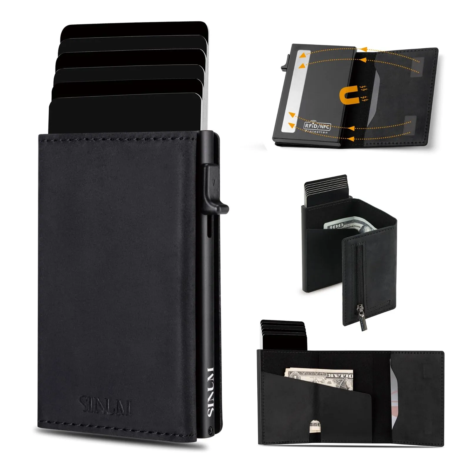 SINUM Portafoglio Pelle Crazy Horse - Chiusura Magnetica - Porta Carte Di Credito con Portamonete - Protezione RFID Anticlonazione - Brand Italiano (Pelle Crazy Horse, Nero) - immagine 2