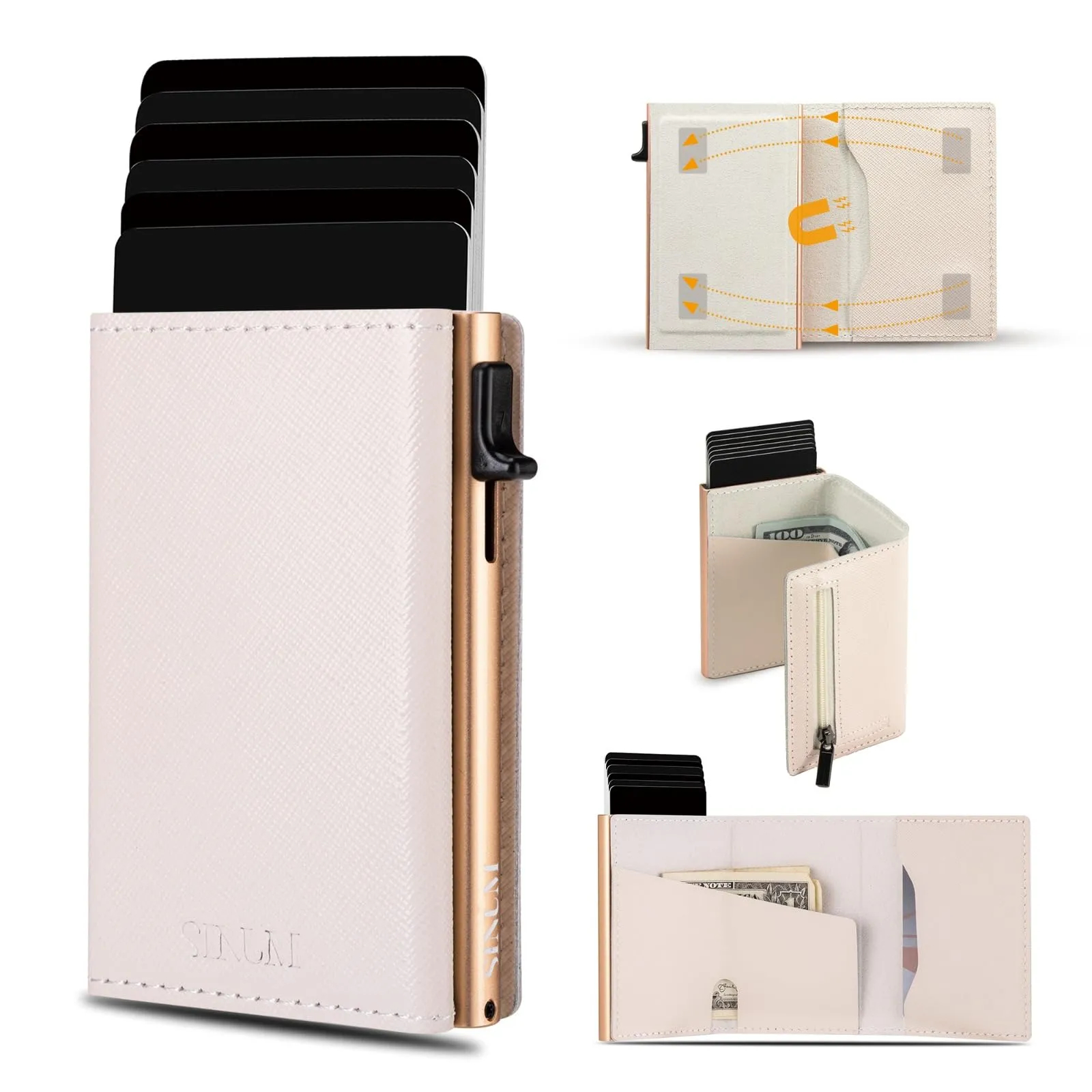 SINUM Portafoglio Saffiano - Chiusura Magnetica - Porta Carte Di Credito con Portamonete - Protezione RFID Anticlonazione - Brand Italiano (Saffiano, Beige) - immagine 2