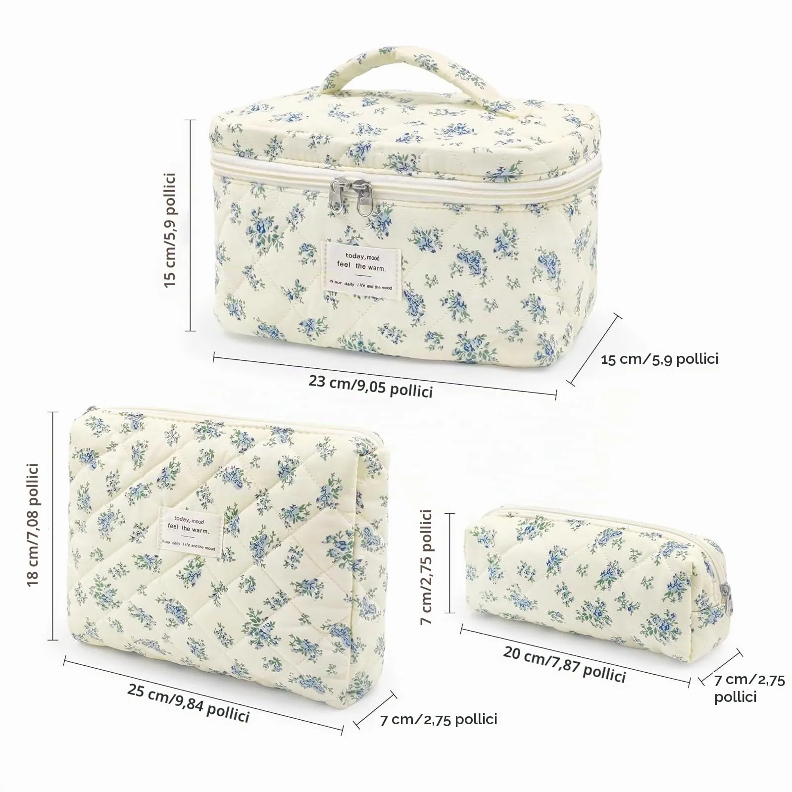 LIULINY 3 Pezzi Borsa Trucco Floreale, Borsa da Viaggio per Il Trucco da Donna, Beauty Case da Viaggio da Floreale, Beauty Case Morbido Makeup Bag, Makeup Bag Organizer, per Viaggi Outdoor (Blu) - immagine 2