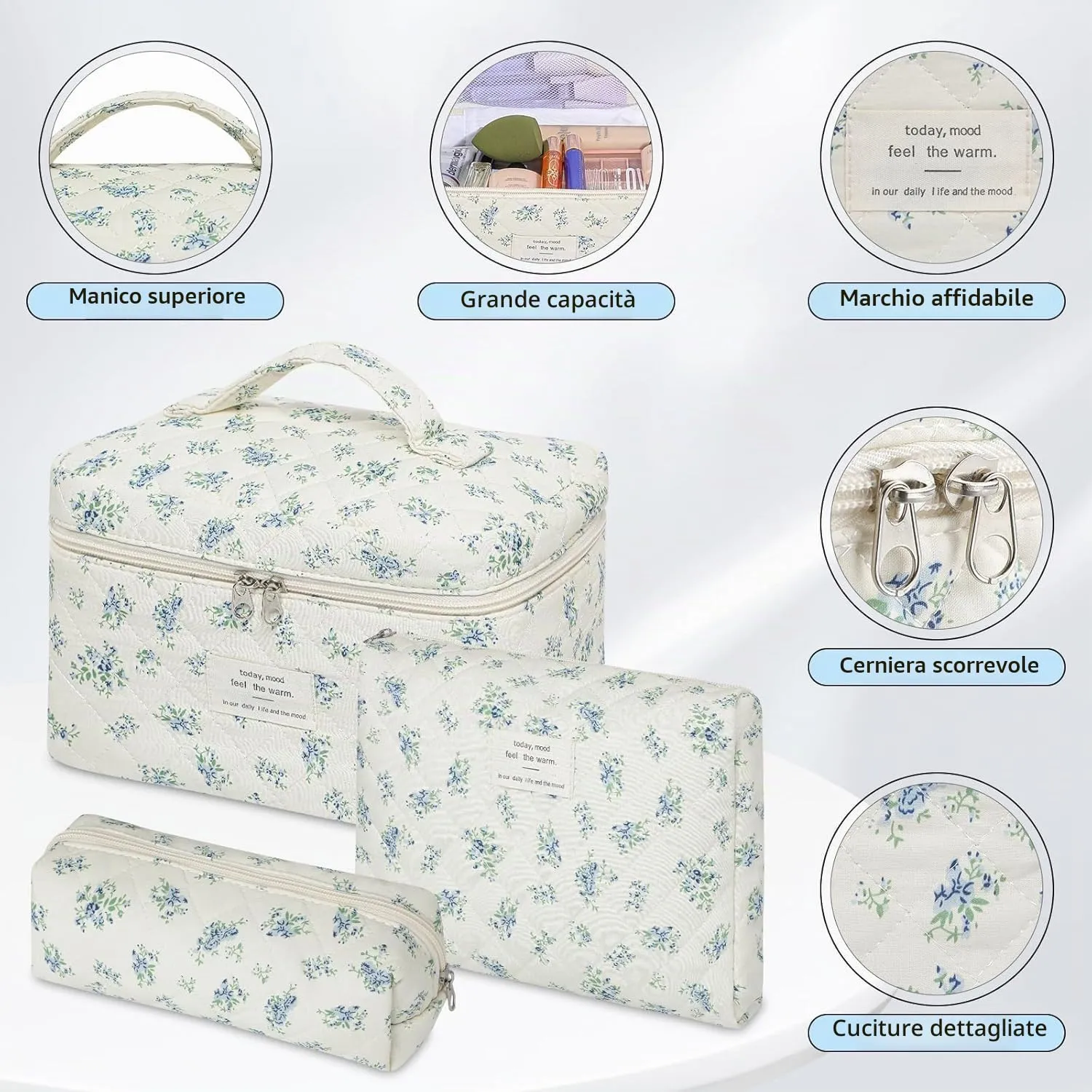 LIULINY 3 Pezzi Borsa Trucco Floreale, Borsa da Viaggio per Il Trucco da Donna, Beauty Case da Viaggio da Floreale, Beauty Case Morbido Makeup Bag, Makeup Bag Organizer, per Viaggi Outdoor (Blu) - immagine 3