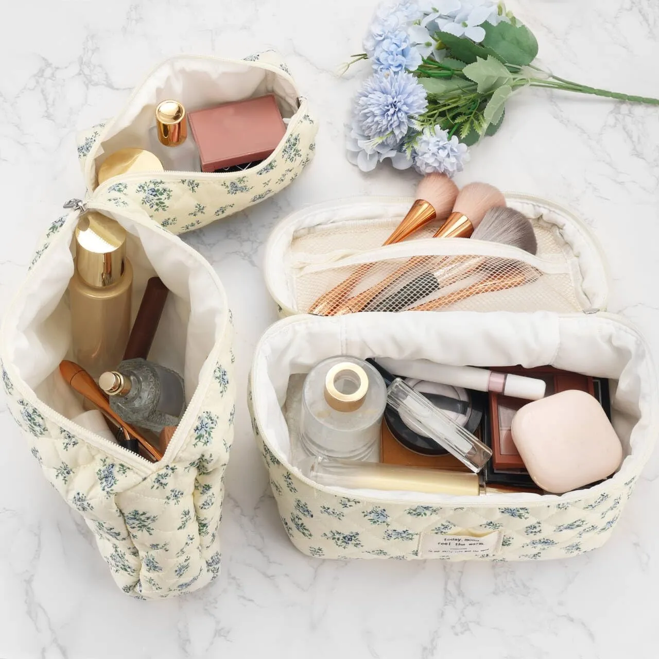 LIULINY 3 Pezzi Borsa Trucco Floreale, Borsa da Viaggio per Il Trucco da Donna, Beauty Case da Viaggio da Floreale, Beauty Case Morbido Makeup Bag, Makeup Bag Organizer, per Viaggi Outdoor (Blu) - immagine 5