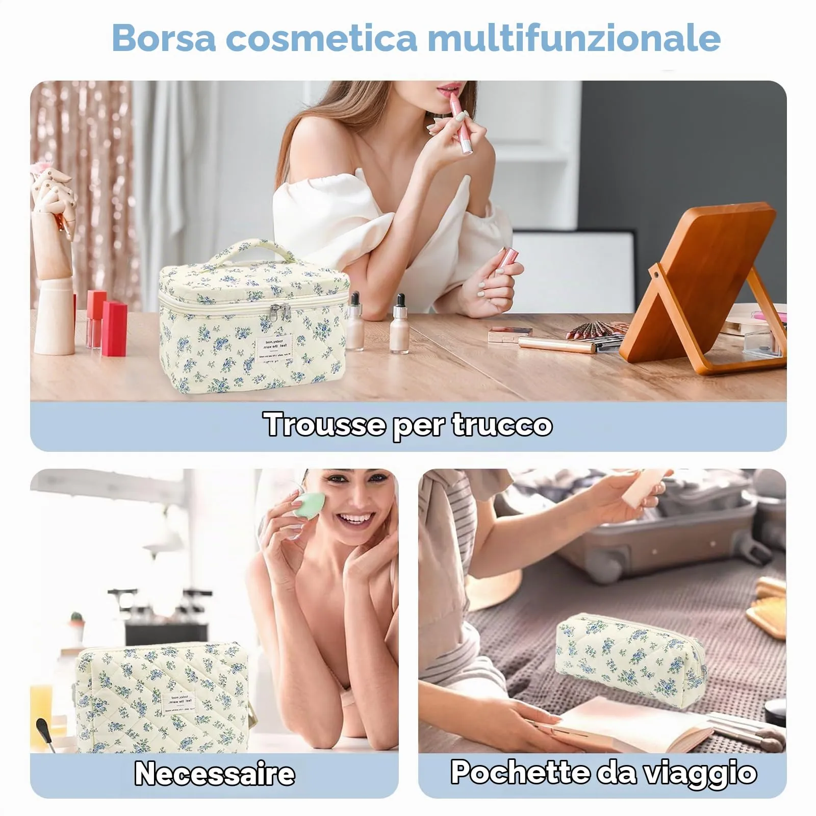 LIULINY 3 Pezzi Borsa Trucco Floreale, Borsa da Viaggio per Il Trucco da Donna, Beauty Case da Viaggio da Floreale, Beauty Case Morbido Makeup Bag, Makeup Bag Organizer, per Viaggi Outdoor (Blu) - immagine 6