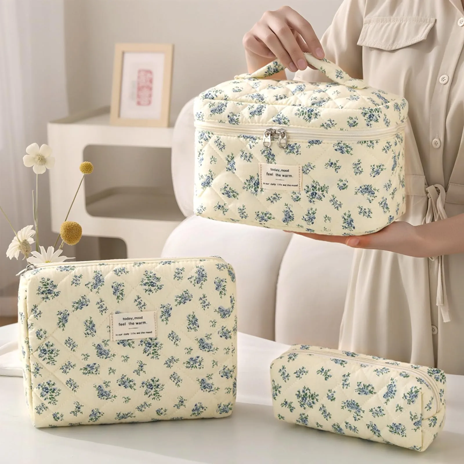 LIULINY 3 Pezzi Borsa Trucco Floreale, Borsa da Viaggio per Il Trucco da Donna, Beauty Case da Viaggio da Floreale, Beauty Case Morbido Makeup Bag, Makeup Bag Organizer, per Viaggi Outdoor (Blu) - immagine 7