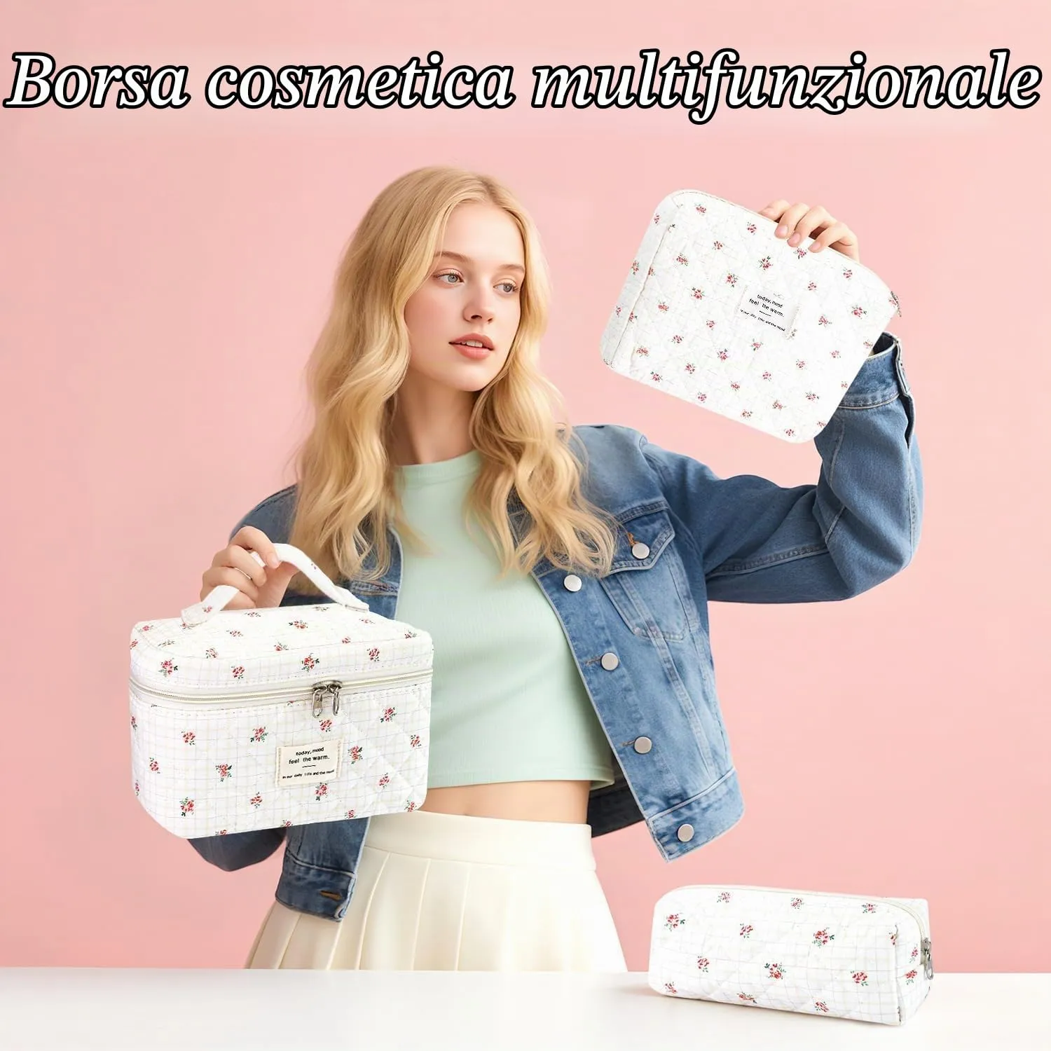 LIULINY 3 Pezzi Borsa Trucco Floreale, Borsa da Viaggio per Il Trucco da Donna, Beauty Case da Viaggio da Floreale, Beauty Case Morbido Makeup Bag, Makeup Bag Organizer, per Viaggi Outdoor (Rosso) - immagine 6