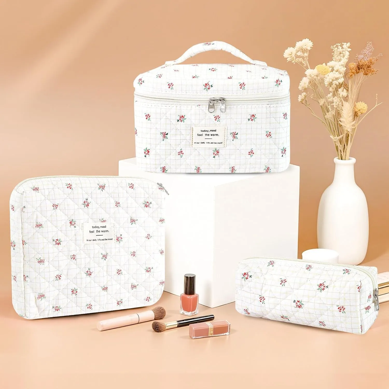 LIULINY 3 Pezzi Borsa Trucco Floreale, Borsa da Viaggio per Il Trucco da Donna, Beauty Case da Viaggio da Floreale, Beauty Case Morbido Makeup Bag, Makeup Bag Organizer, per Viaggi Outdoor (Rosso) - immagine 8