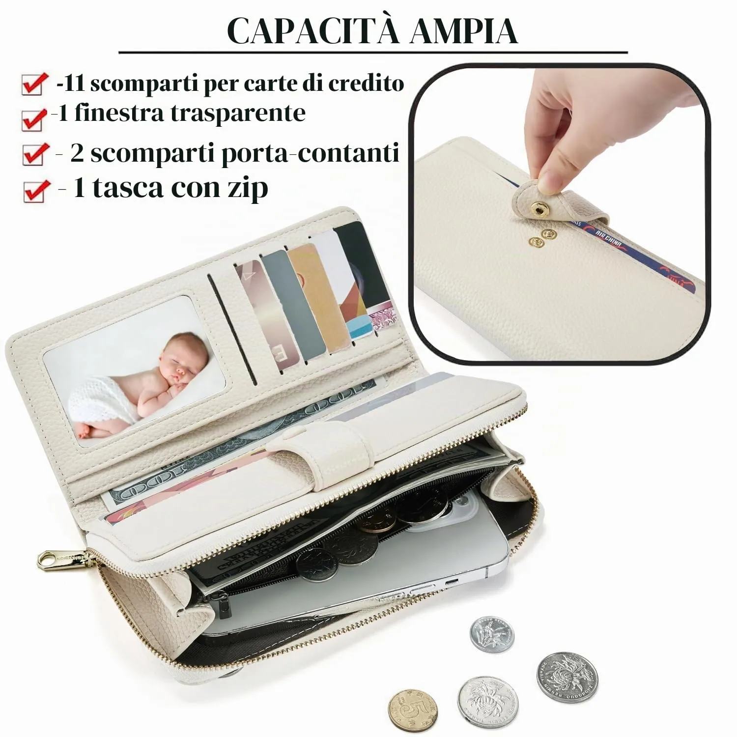 ANYWN Portafoglio donna grande in morbida pelle sintetica liscia, portafogli lungo con cerniera e bottone a pressione, borsellino donna con tanti scomparti Beige - immagine 3