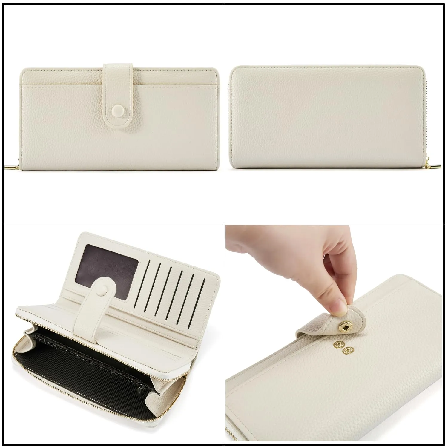 ANYWN Portafoglio donna grande in morbida pelle sintetica liscia, portafogli lungo con cerniera e bottone a pressione, borsellino donna con tanti scomparti Beige - immagine 4