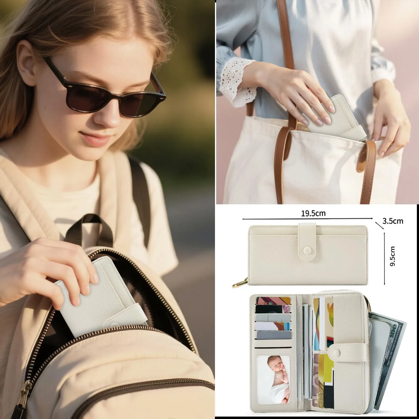 ANYWN Portafoglio donna grande in morbida pelle sintetica liscia, portafogli lungo con cerniera e bottone a pressione, borsellino donna con tanti scomparti Beige - immagine 5