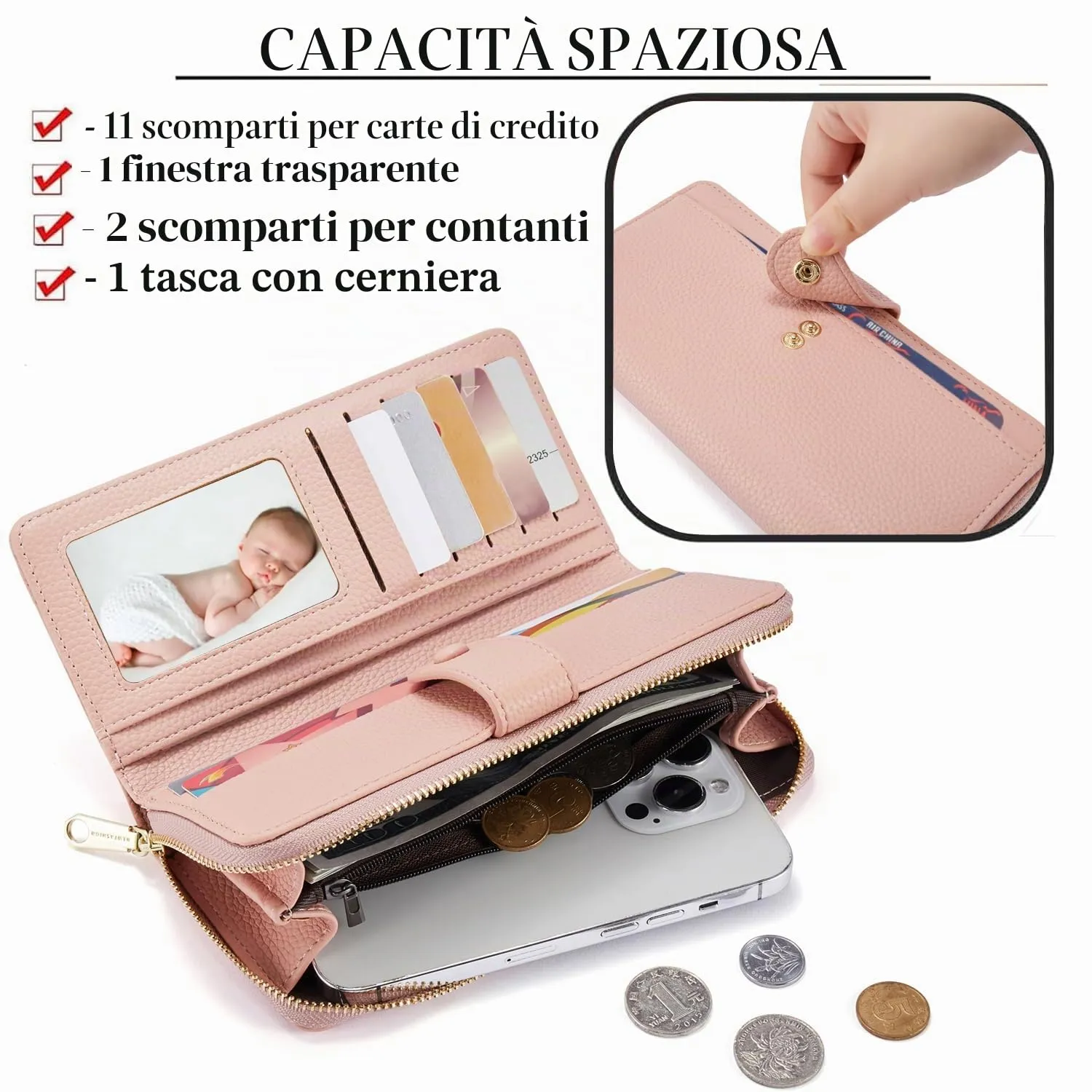 ANYWN Portafoglio donna grande in morbida pelle sintetica liscia, portafogli lungo con cerniera e bottone a pressione, borsellino donna con tanti scomparti Rosso - immagine 3