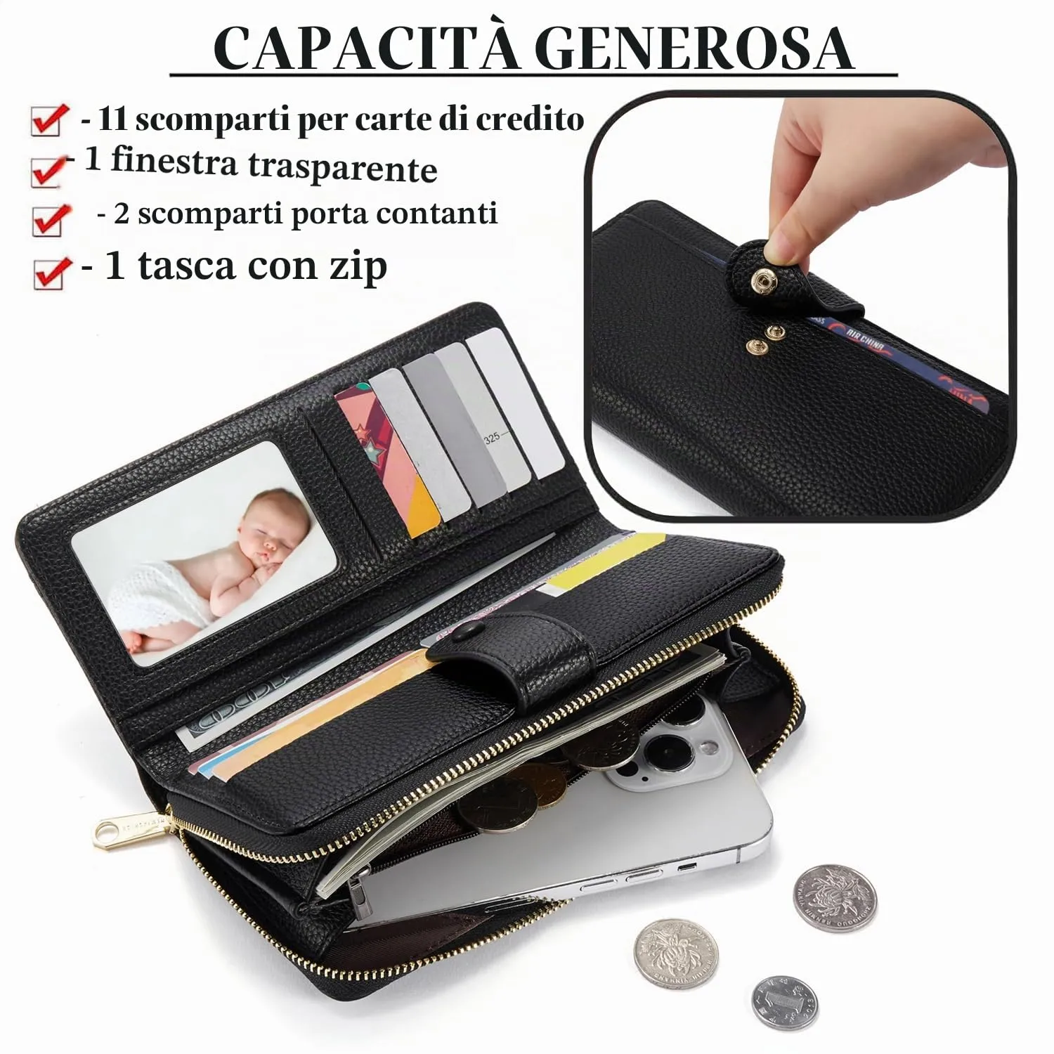 ANYWN Portafoglio donna grande in morbida pelle sintetica liscia, portafogli lungo con cerniera e bottone a pressione, borsellino donna con tanti scomparti Nero - immagine 3