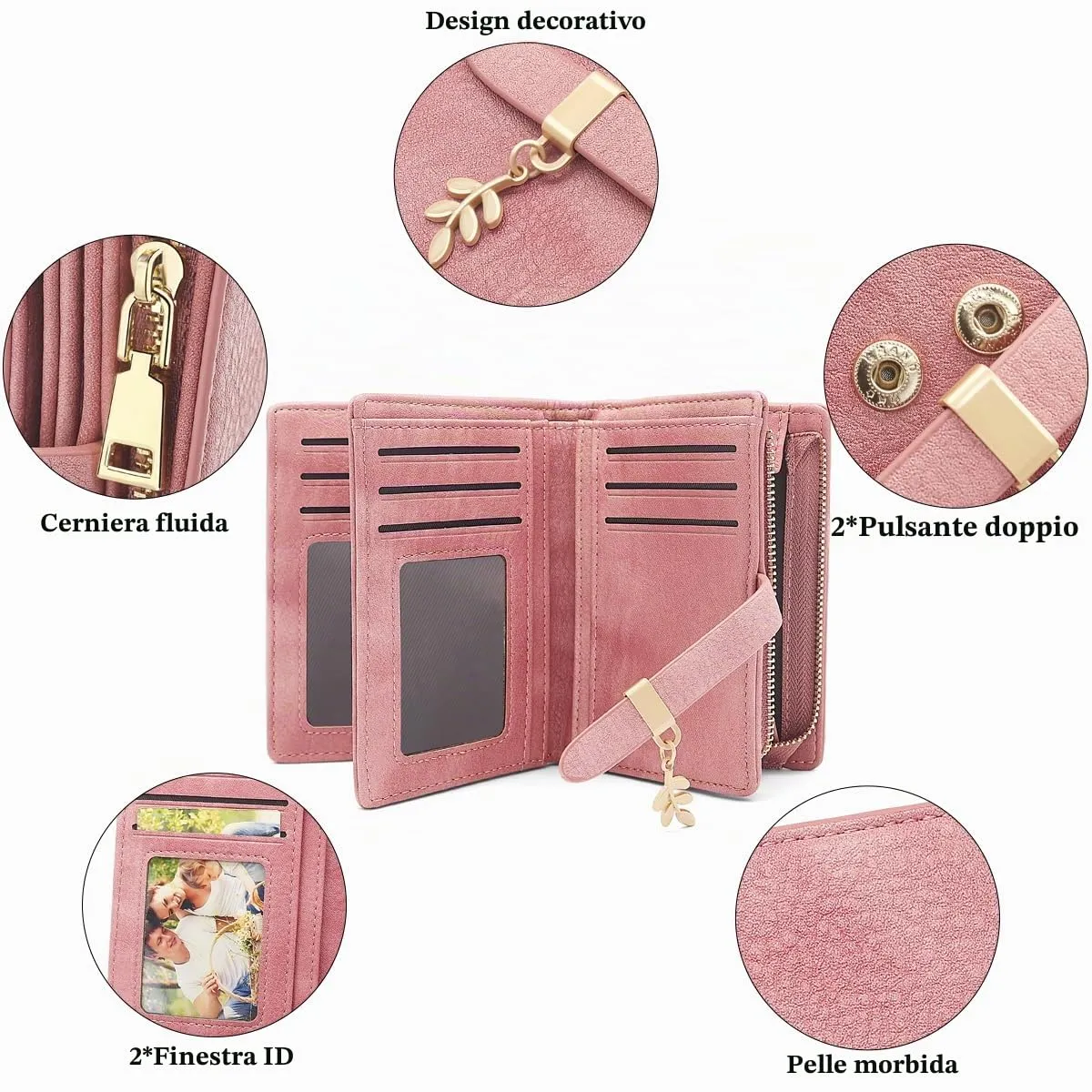 GOUNNU Portafoglio Donna Piccolo Portafogli Pelle PU RFID Blocco Elegante Corto Portamonete per donna con 17 Porta Carta di Credito Cerniera (Rosa) - immagine 3
