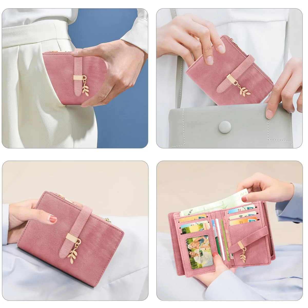 GOUNNU Portafoglio Donna Piccolo Portafogli Pelle PU RFID Blocco Elegante Corto Portamonete per donna con 17 Porta Carta di Credito Cerniera (Rosa) - immagine 5