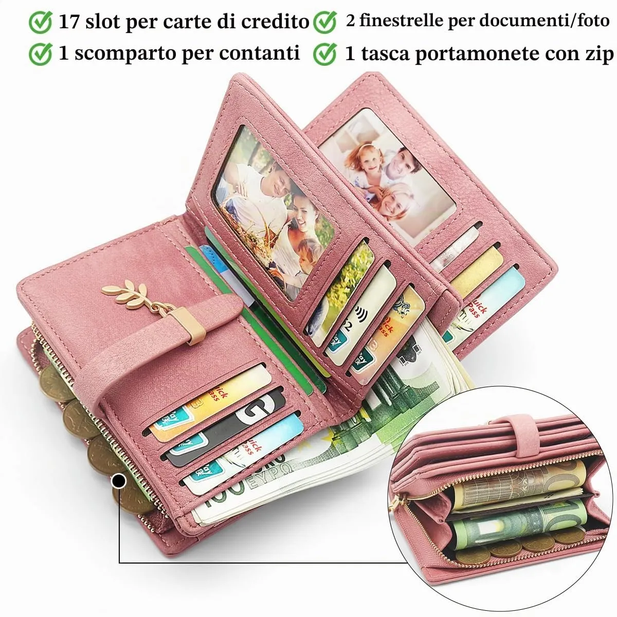 GOUNNU Portafoglio Donna Piccolo Portafogli Pelle PU RFID Blocco Elegante Corto Portamonete per donna con 17 Porta Carta di Credito Cerniera (Rosa) - immagine 6