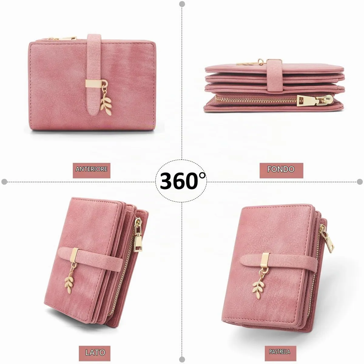 GOUNNU Portafoglio Donna Piccolo Portafogli Pelle PU RFID Blocco Elegante Corto Portamonete per donna con 17 Porta Carta di Credito Cerniera (Rosa) - immagine 8