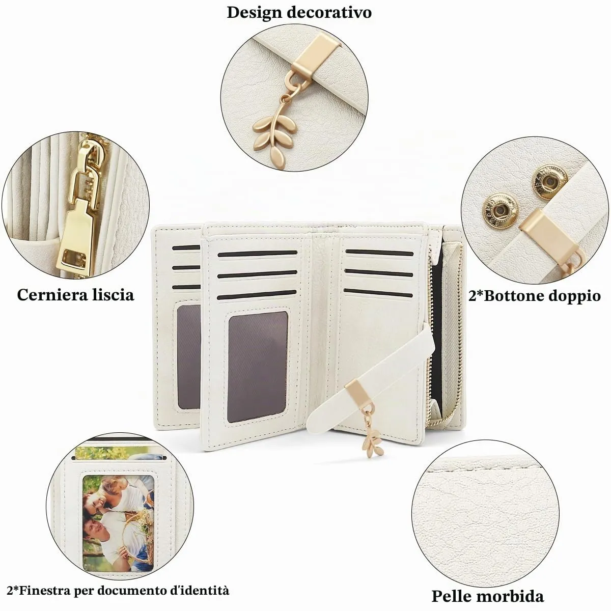 GOUNNU Portafoglio Donna Piccolo Portafogli Pelle PU RFID Blocco Elegante Corto Portamonete per donna con 17 Porta Carta di Credito Cerniera (Beige) - immagine 3