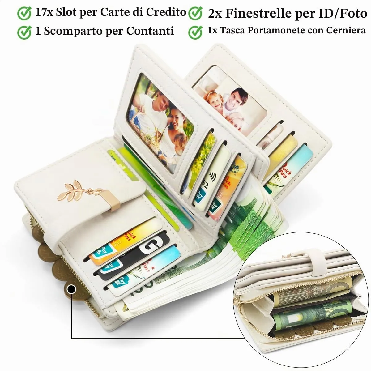 GOUNNU Portafoglio Donna Piccolo Portafogli Pelle PU RFID Blocco Elegante Corto Portamonete per donna con 17 Porta Carta di Credito Cerniera (Beige) - immagine 6