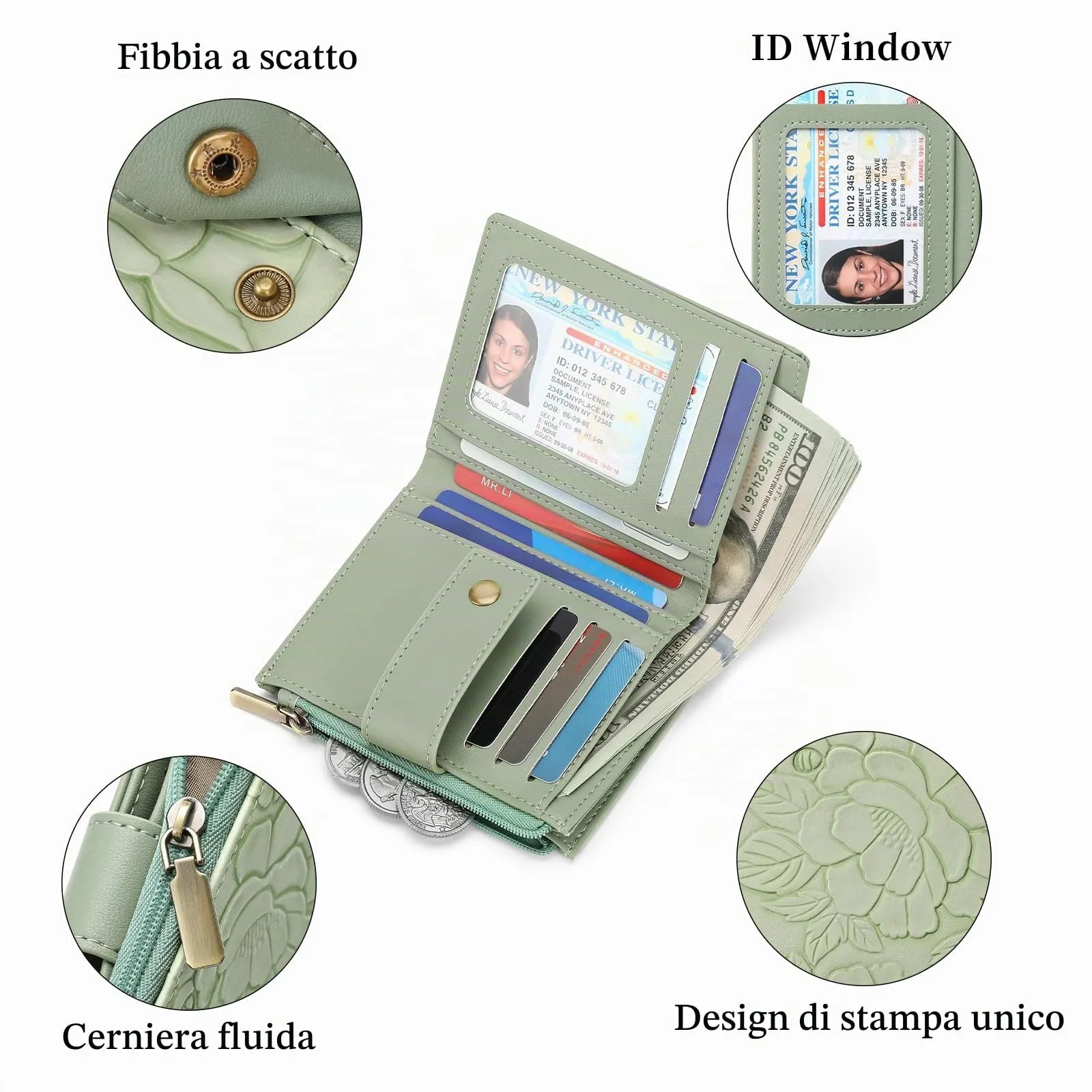 SENDEFN Portafoglio Donna Piccolo in Pelle Vegana, RFID Blocco Portamonete con Cerniera, Porta Carte di Credito Portafoglio Donna con Scomparti Per 12 Cartes - immagine 3