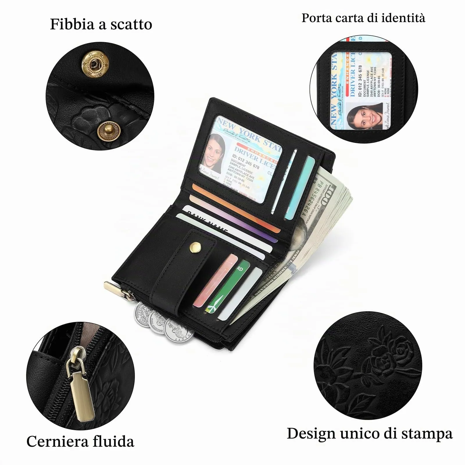 SENDEFN Portafoglio Donna Piccolo in Pelle Vegana, RFID Blocco Portamonete con Cerniera, Porta Carte di Credito Portafoglio Donna con Scomparti Per 12 Cartes - immagine 3